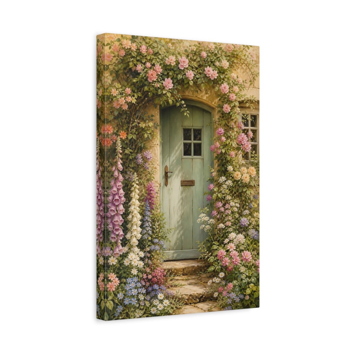 Floral Cottage Garden Green Canvas Print – Traditional Living Room, Above Console Table - YesArtYes
