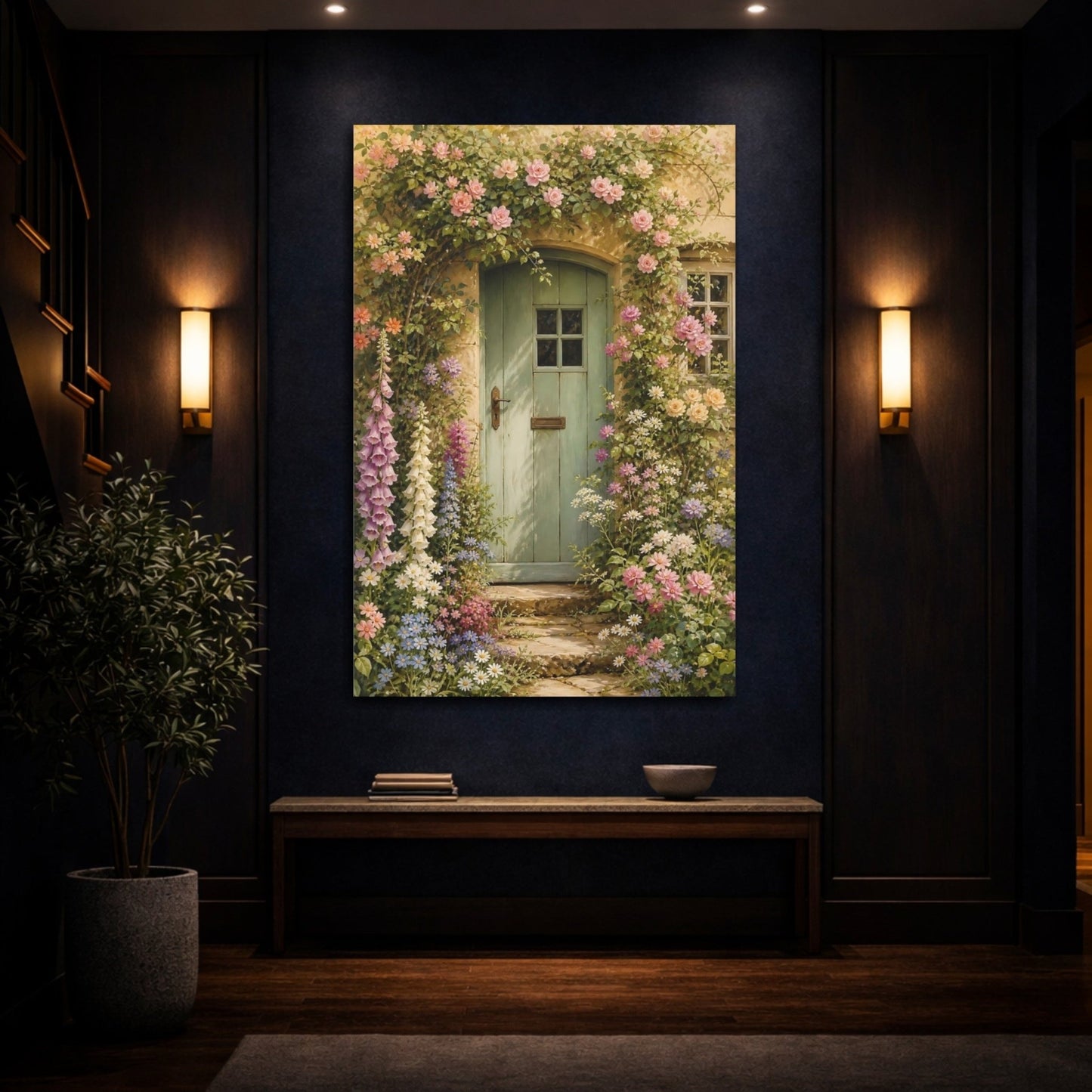 Floral Cottage Garden Green Canvas Print – Traditional Living Room, Above Console Table - YesArtYes