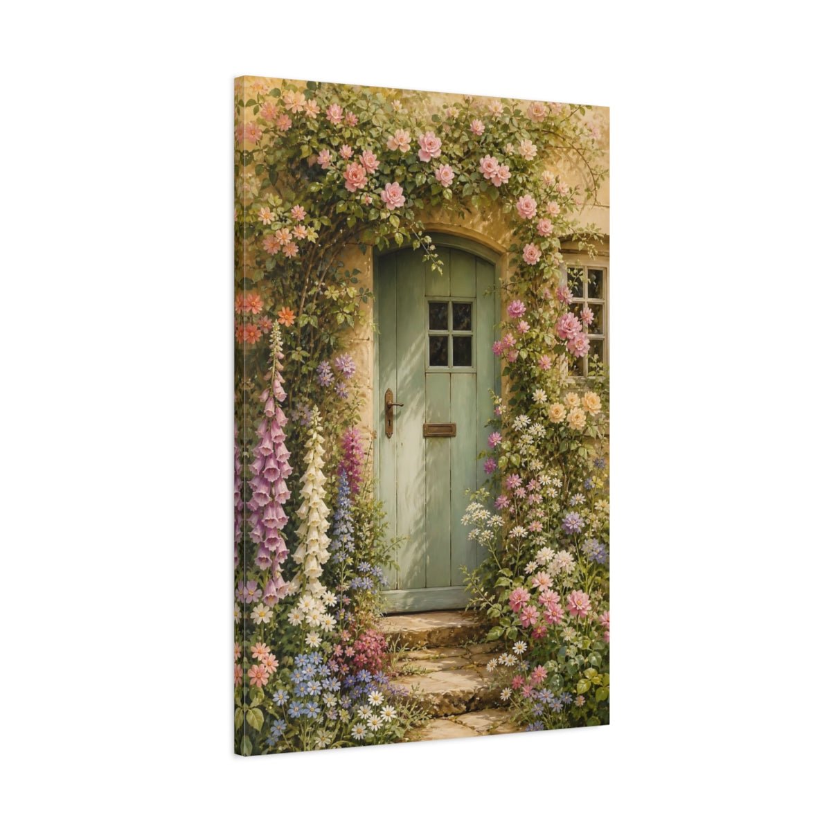 Floral Cottage Garden Green Canvas Print – Traditional Living Room, Above Console Table - YesArtYes