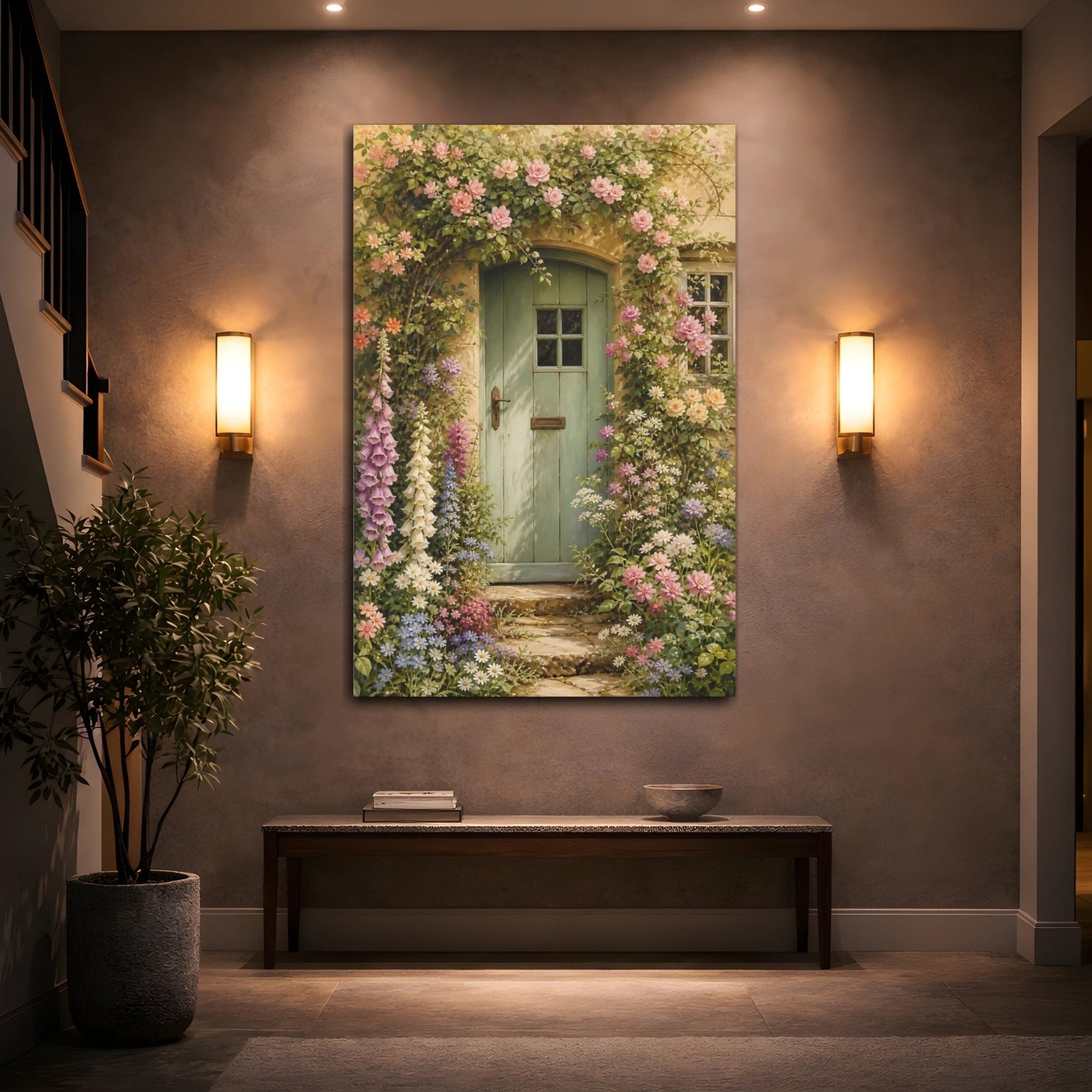 Floral Cottage Garden Green Canvas Print – Traditional Living Room, Above Console Table - YesArtYes