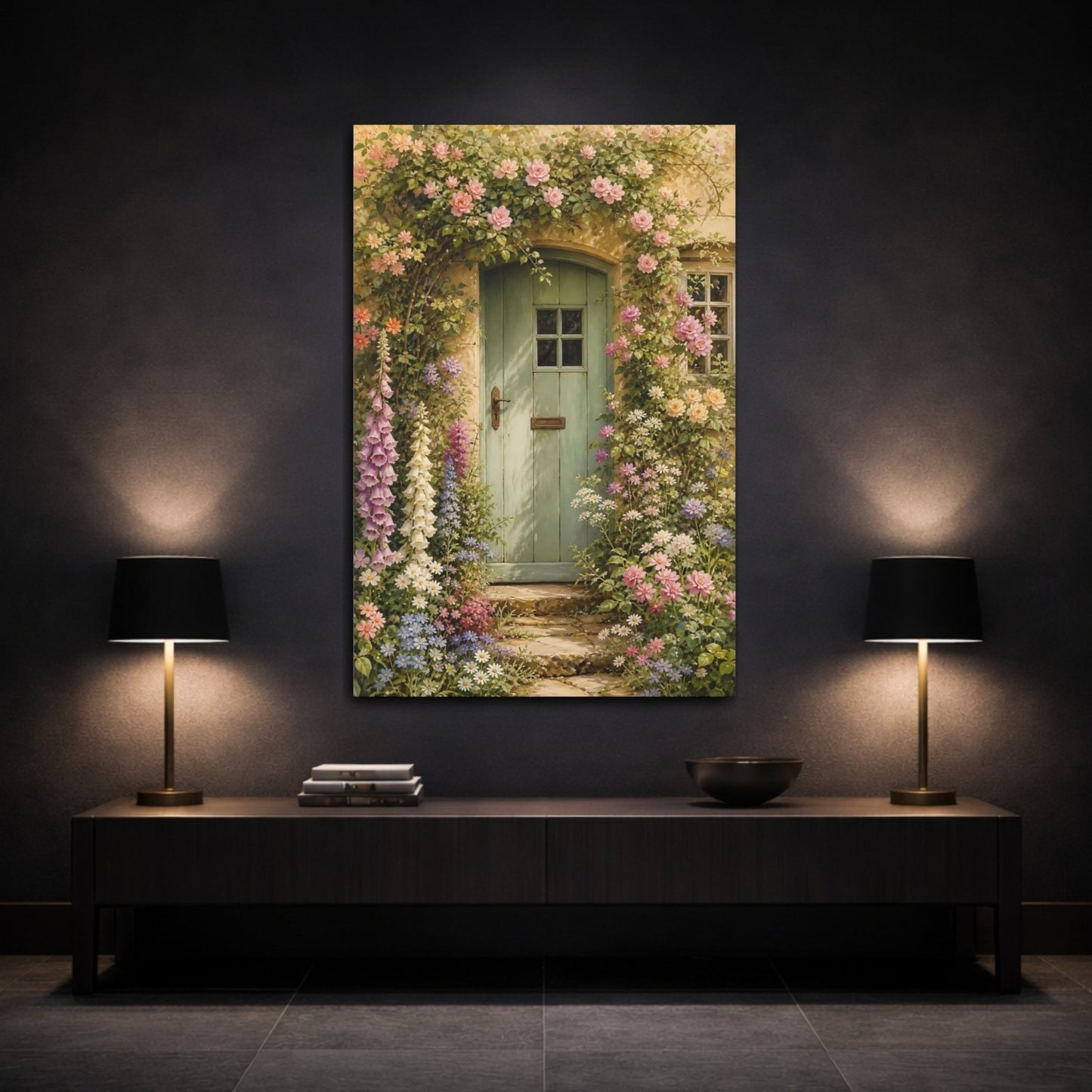 Floral Cottage Garden Green Canvas Print – Traditional Living Room, Above Console Table - YesArtYes