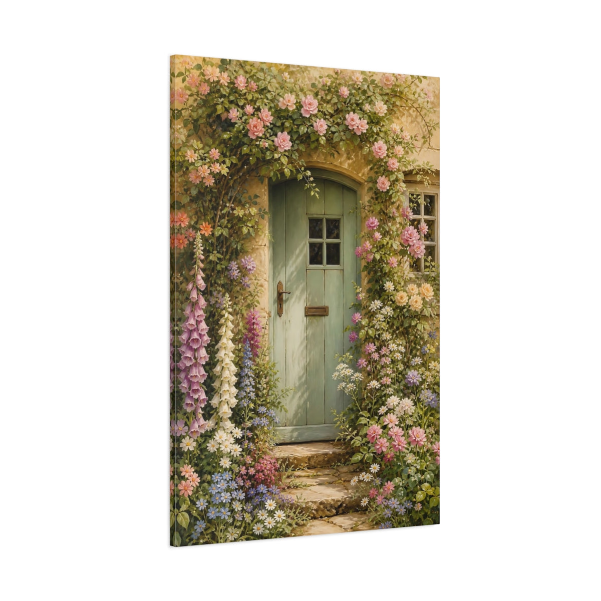 Side Mockup 1. Floral Cottage Garden Floral Cottage Green shown as canvas print