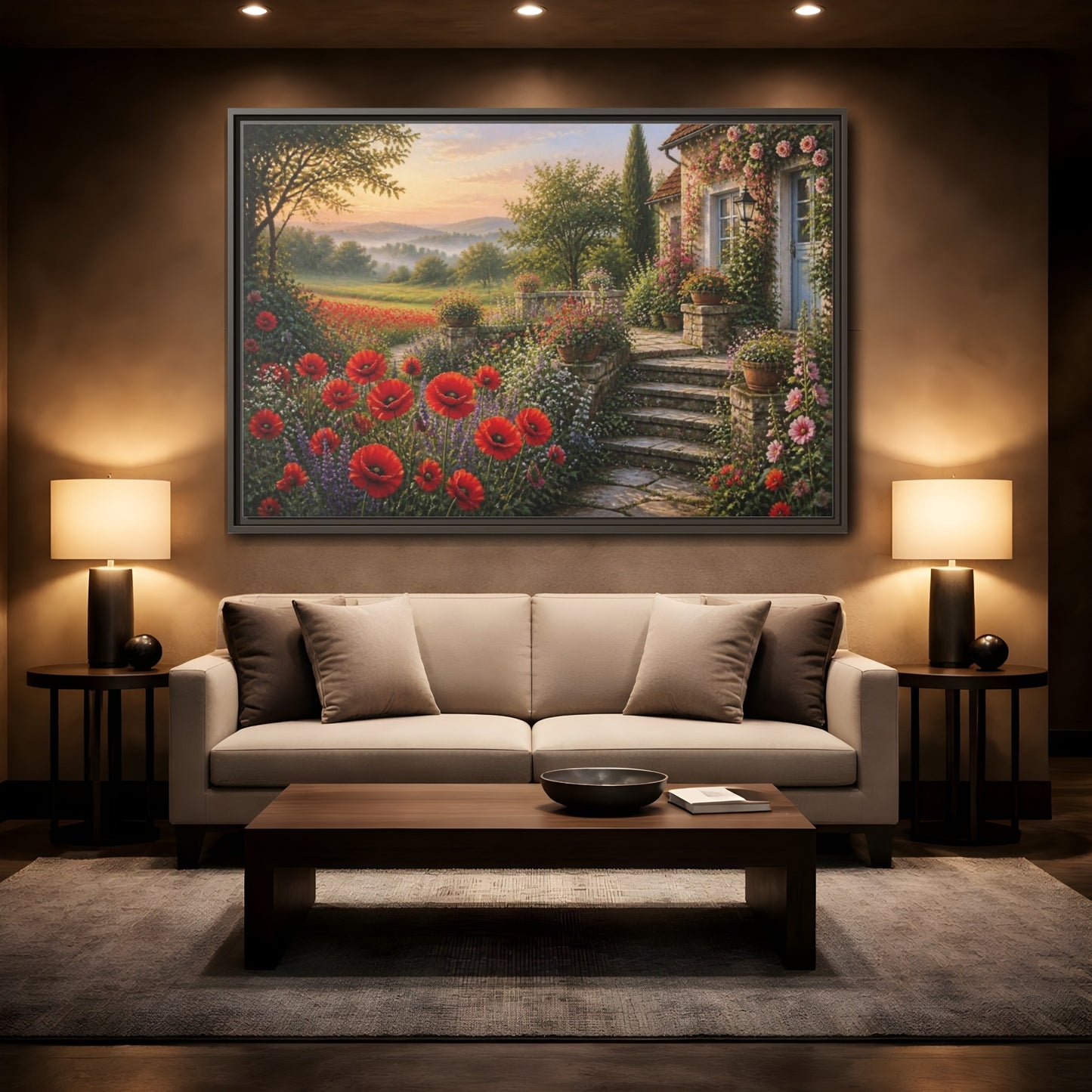 Mockup 2. Floral Cottage Garden shown as framed canvas print