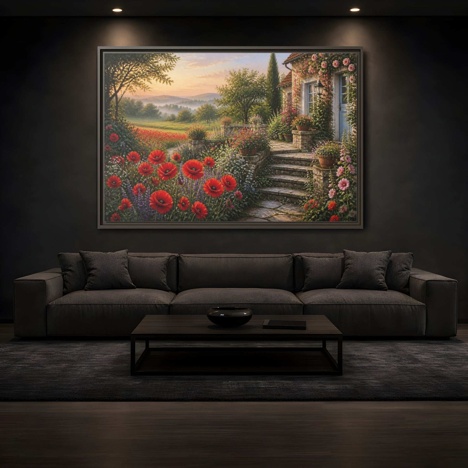 Mockup 3. Floral Cottage Garden shown as framed canvas print