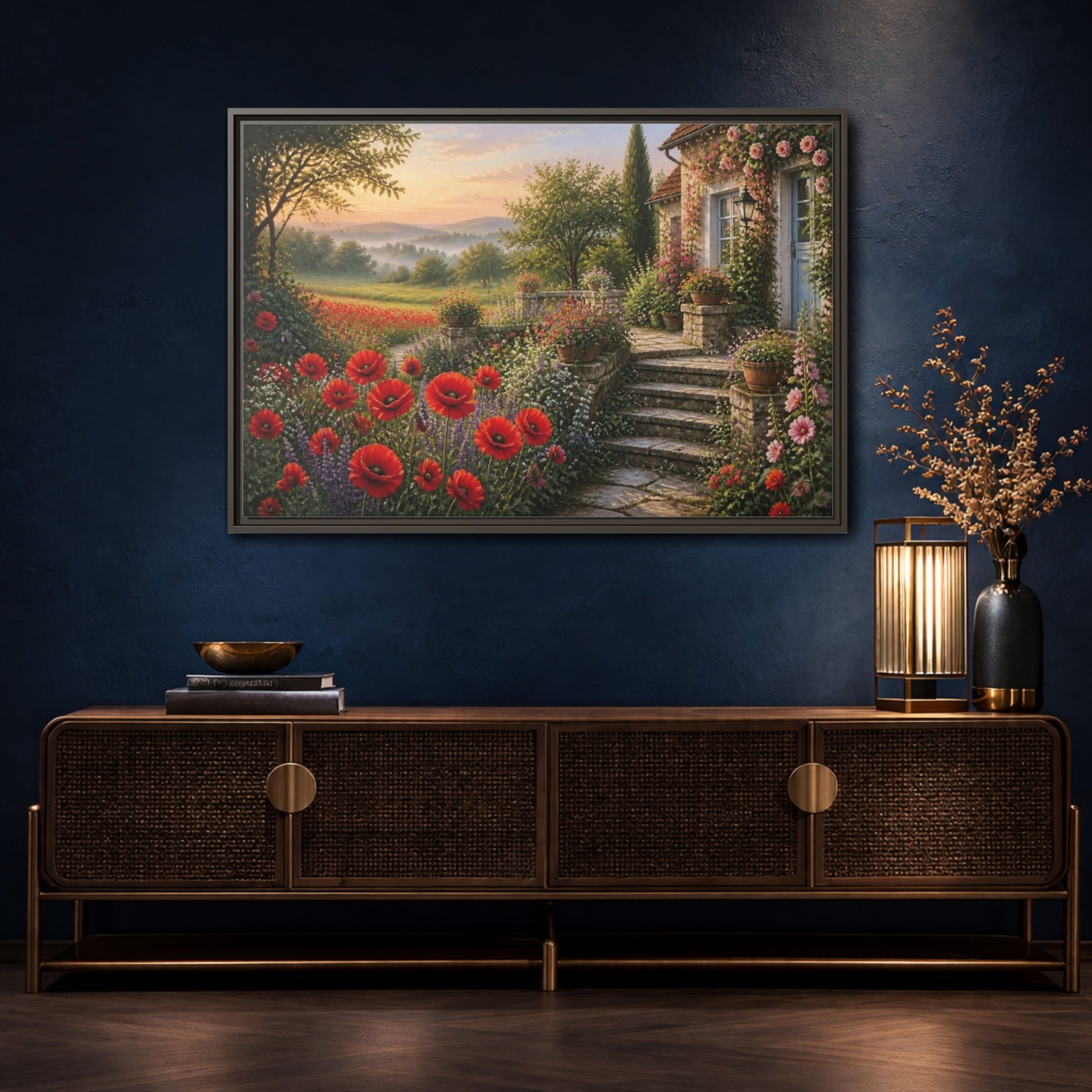 Mockup 4. Floral Cottage Garden shown as framed canvas print