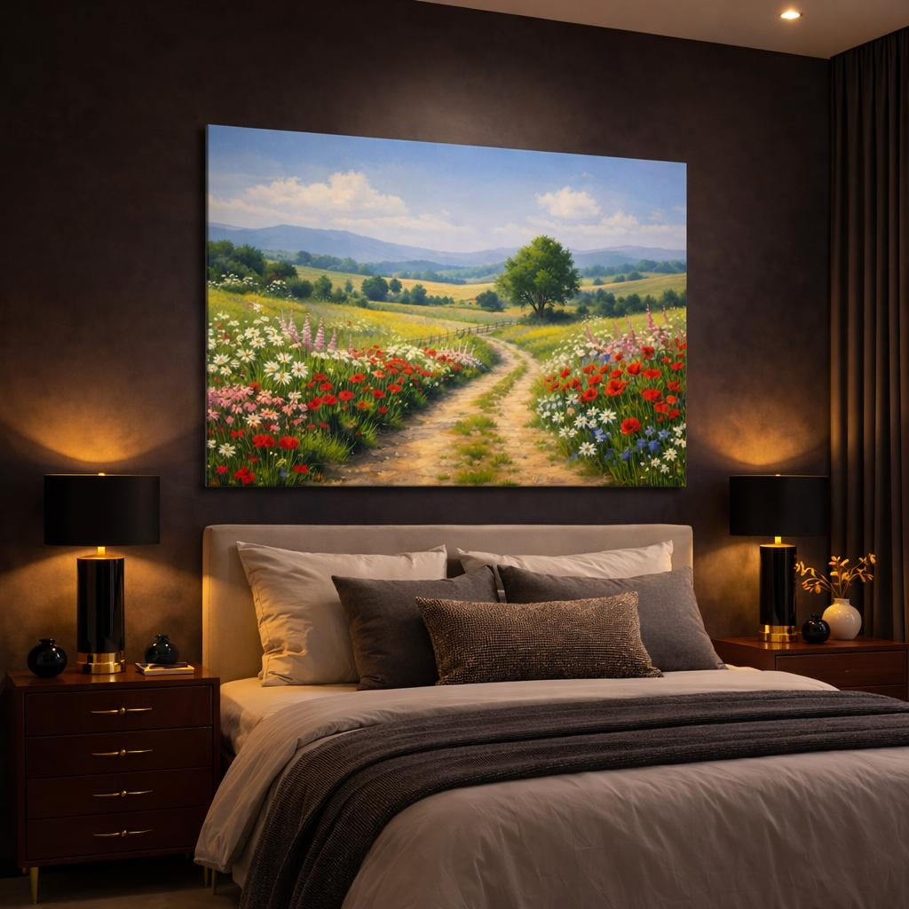 Floral Countryside Path shown as canvas wall art in a luxury bedroom