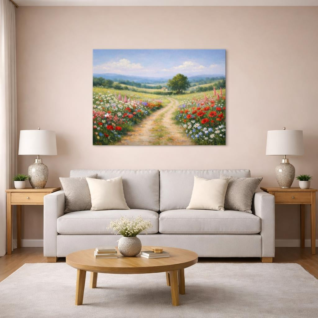 Floral Countryside Path shown as canvas wall art in a modern living room