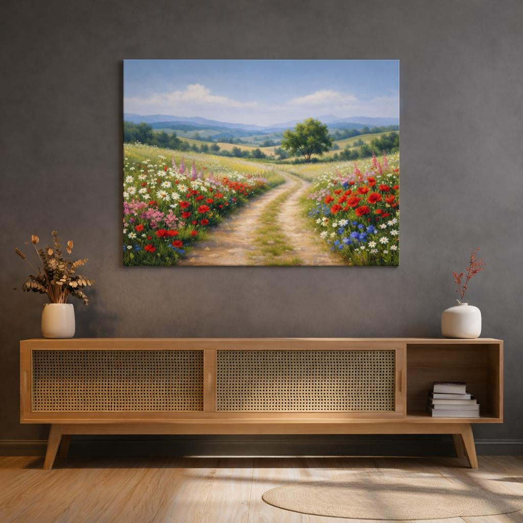 Floral Countryside Path shown as canvas wall art in a refined dining room