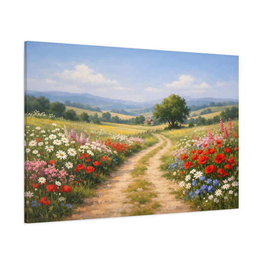 Floral Countryside Path shown as stretched canvas wall art