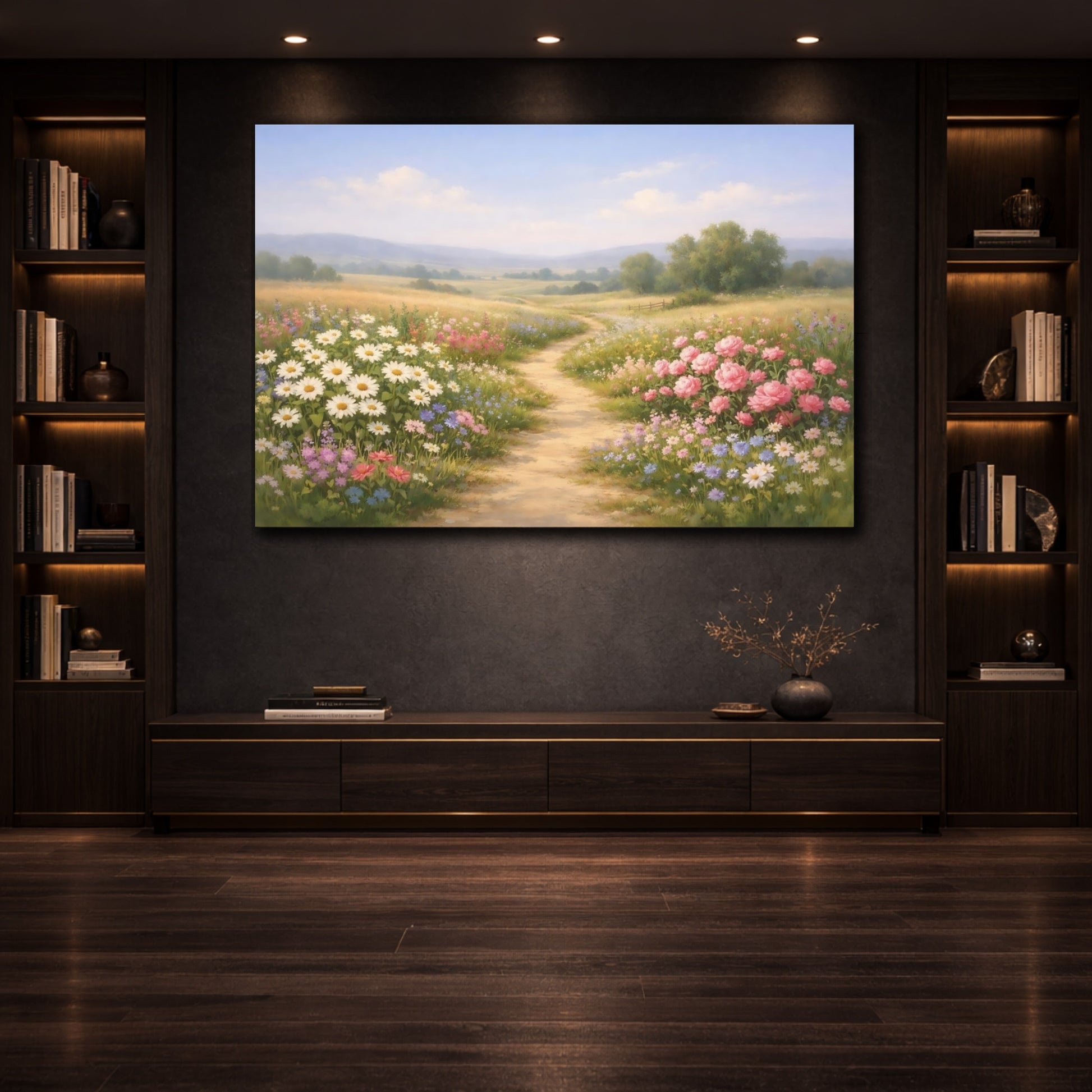 Mockup 2. Floral Countryside Path shown as stretched canvas wall art