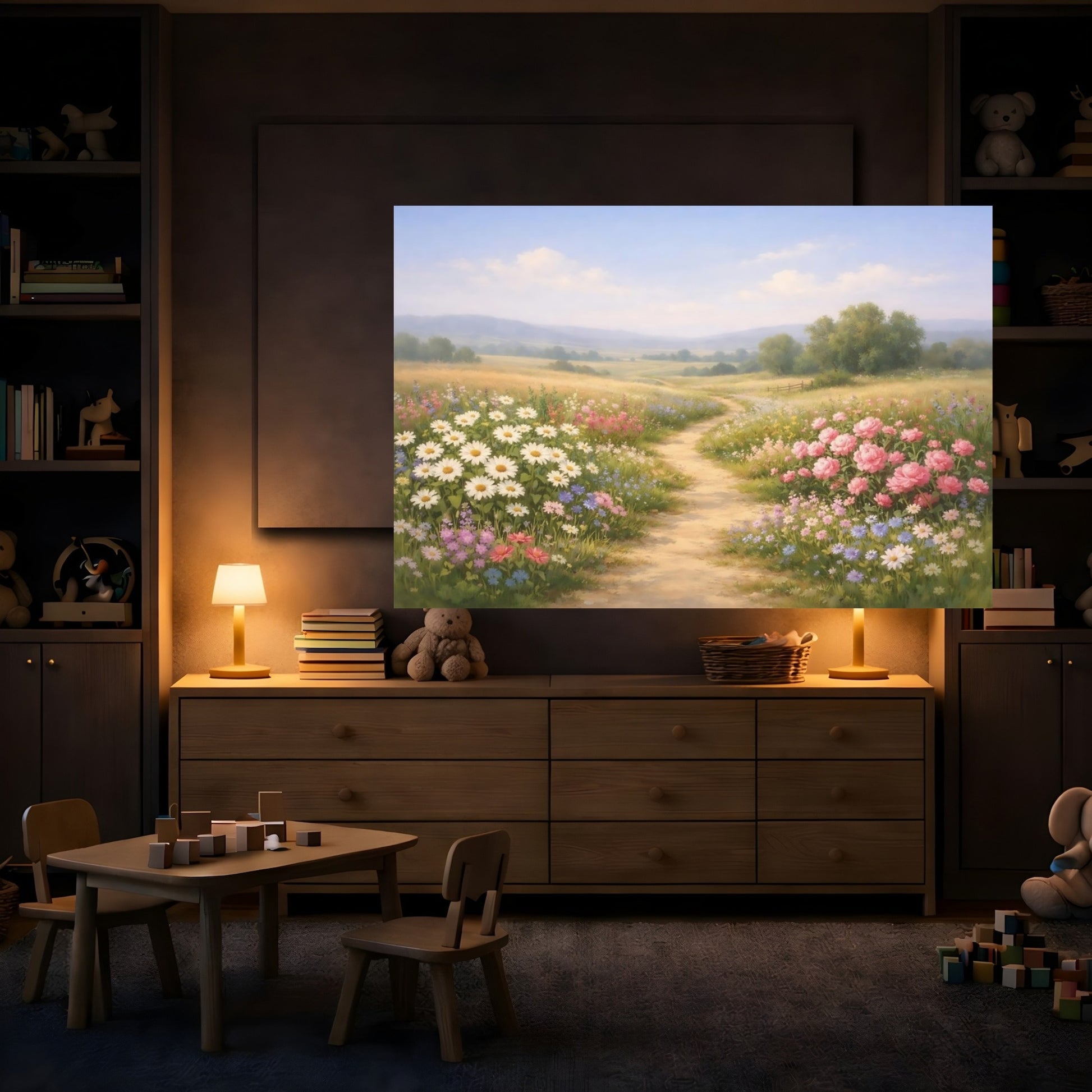 Mockup 3. Floral Countryside Path shown as stretched canvas wall art
