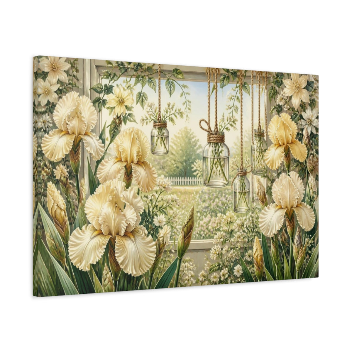 Side Mockup 2. Floral Cream Iris Window shown as canvas print