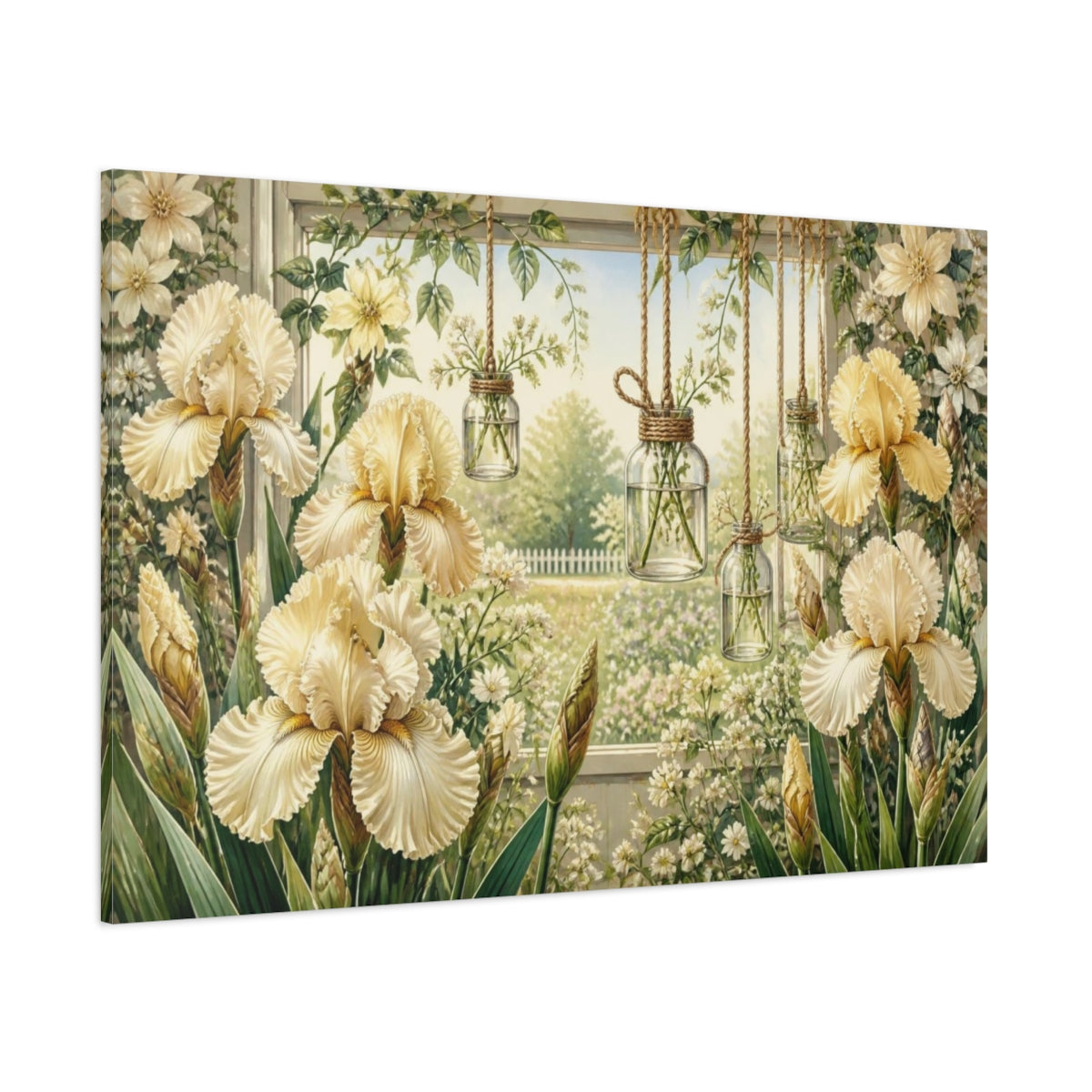 Side Mockup 1. Floral Cream Iris Window shown as canvas print