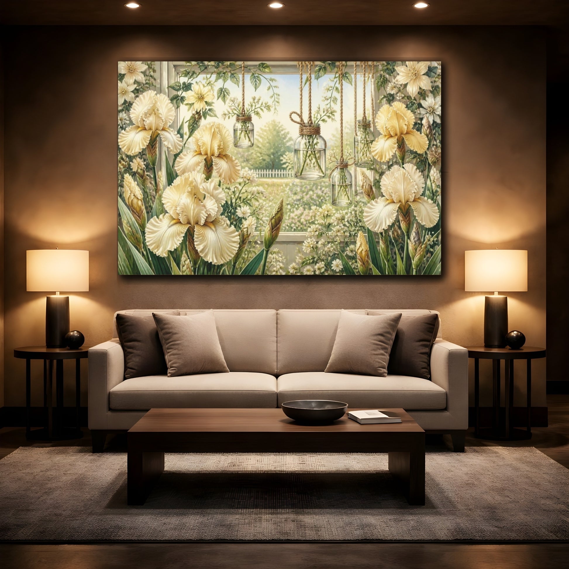 Mockup 2. Floral Cream Iris Window shown as canvas print