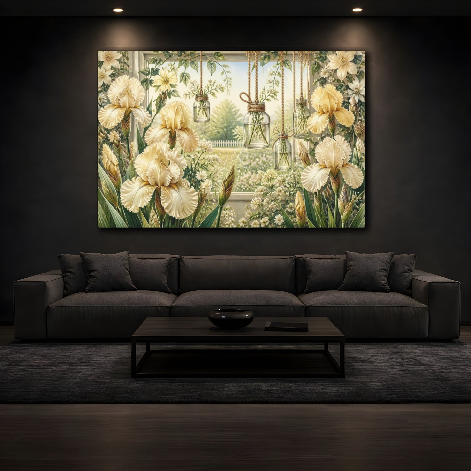 Mockup 3. Floral Cream Iris Window shown as canvas print