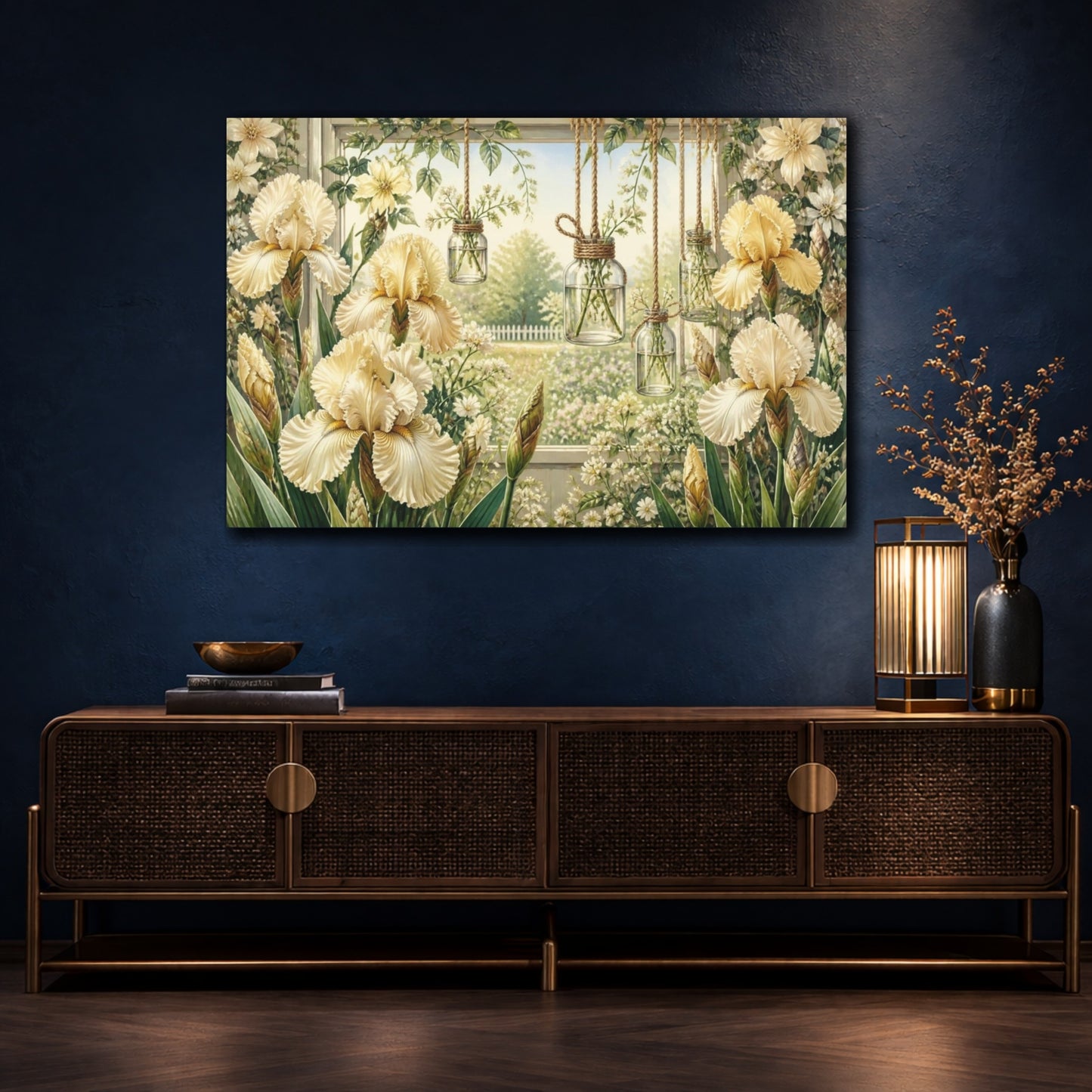 Mockup 4. Floral Cream Iris Window shown as canvas print