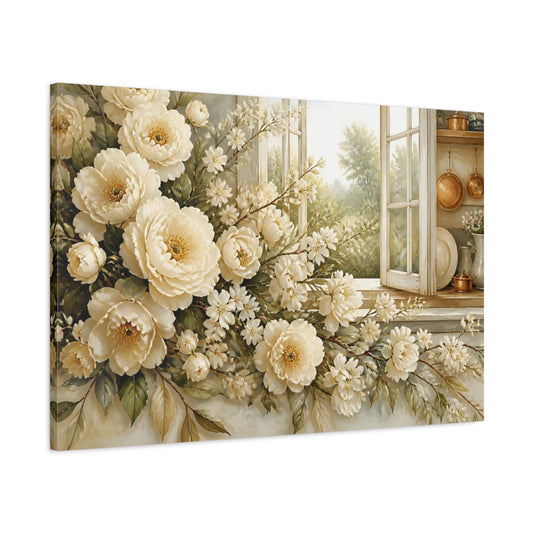Main Mockup. Floral Cream Peonies At Window shown as canvas print