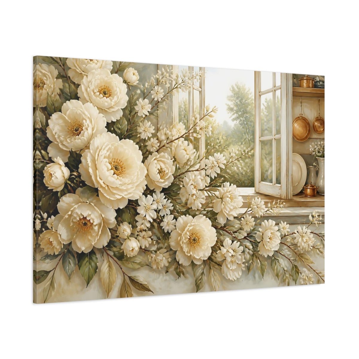Side Mockup 1. Floral Cream Peonies At Window shown as canvas print