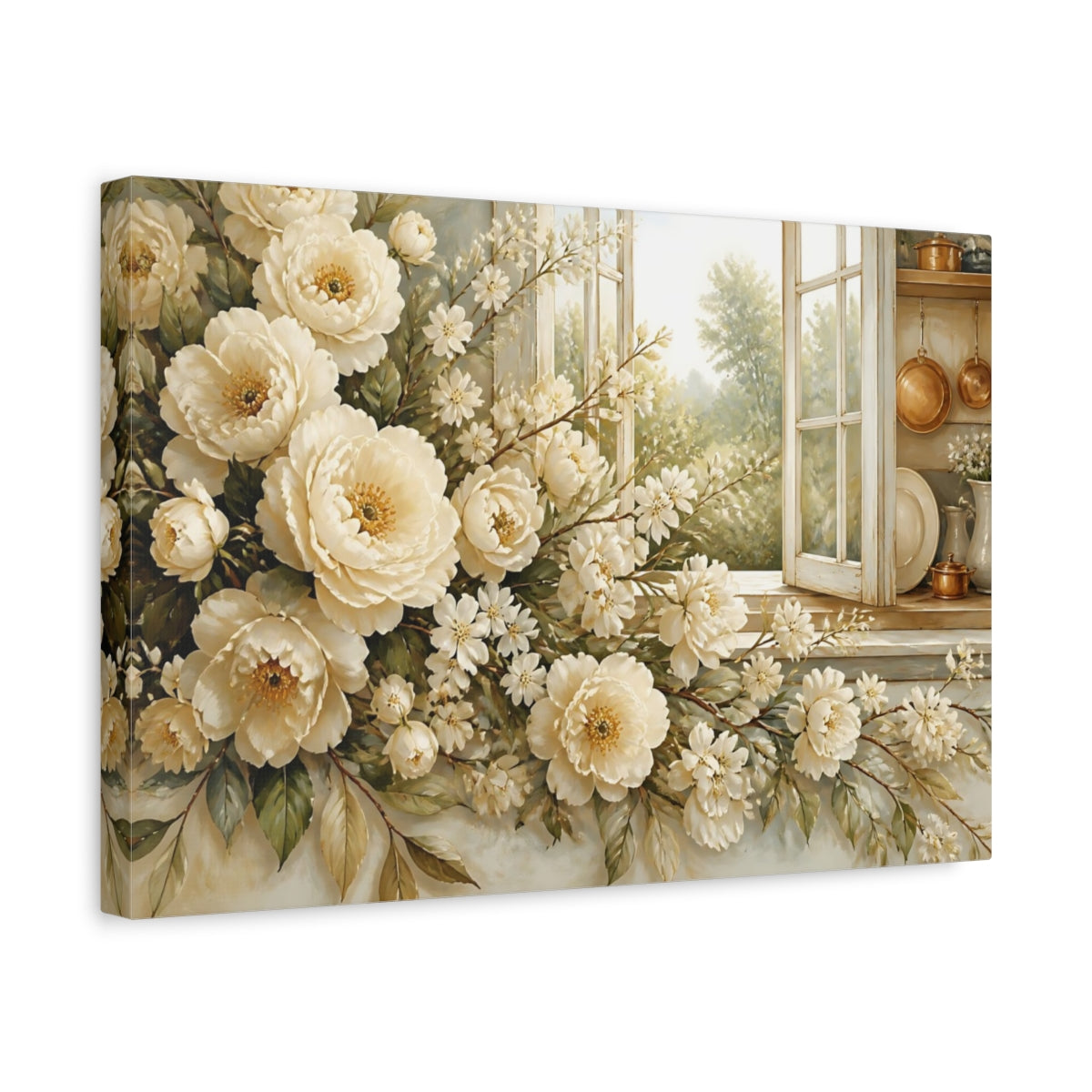 Side Mockup 4. Floral Cream Peonies At Window shown as canvas print