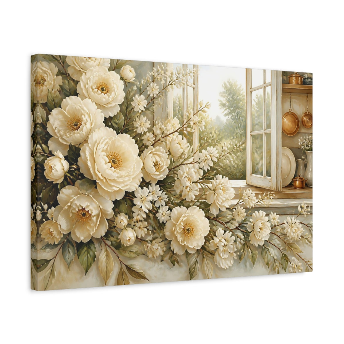 Side Mockup 3. Floral Cream Peonies At Window shown as canvas print