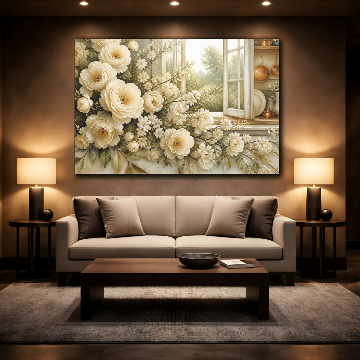 Mockup 2. Floral Cream Peonies At Window shown as canvas print