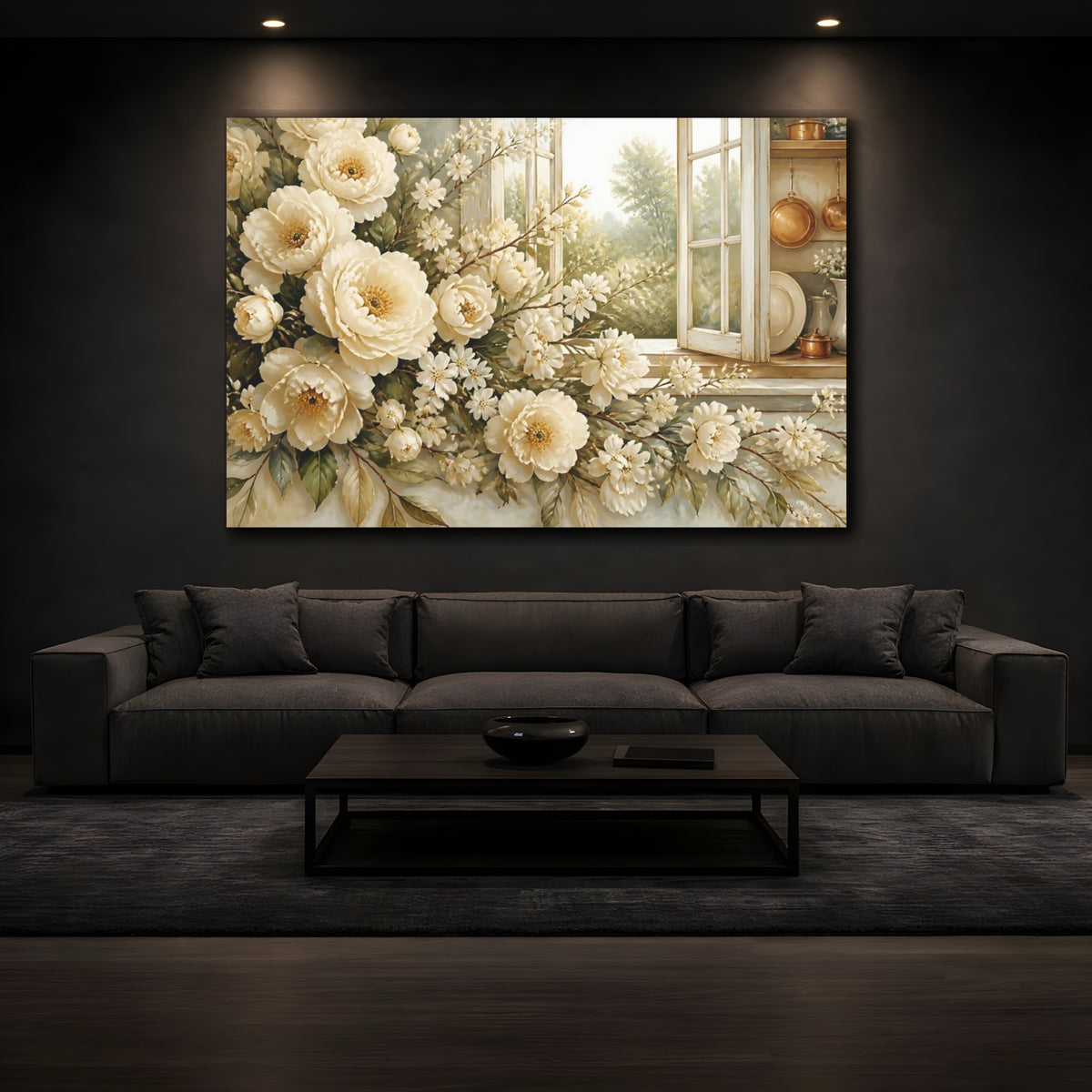 Mockup 3. Floral Cream Peonies At Window shown as canvas print