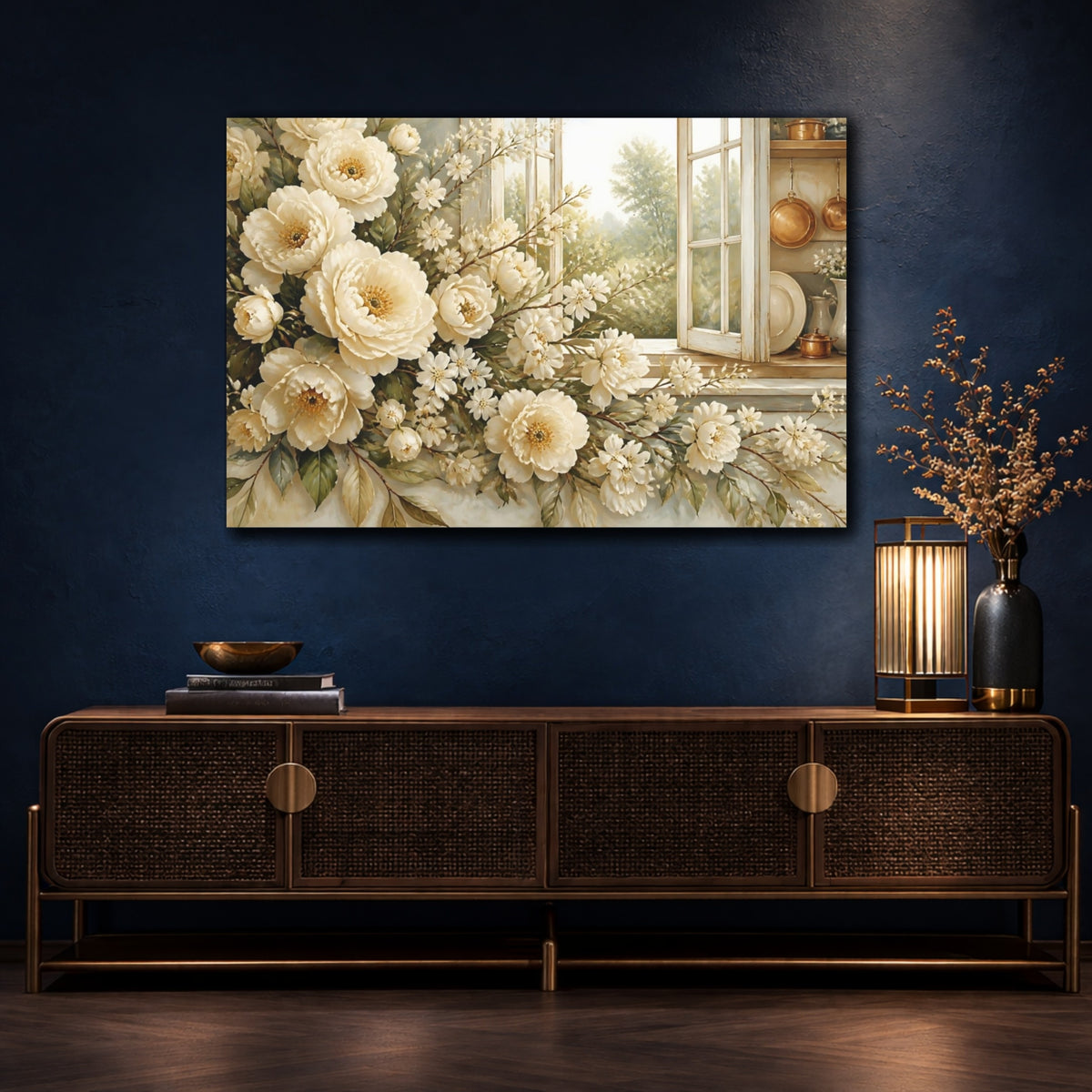Mockup 4. Floral Cream Peonies At Window shown as canvas print