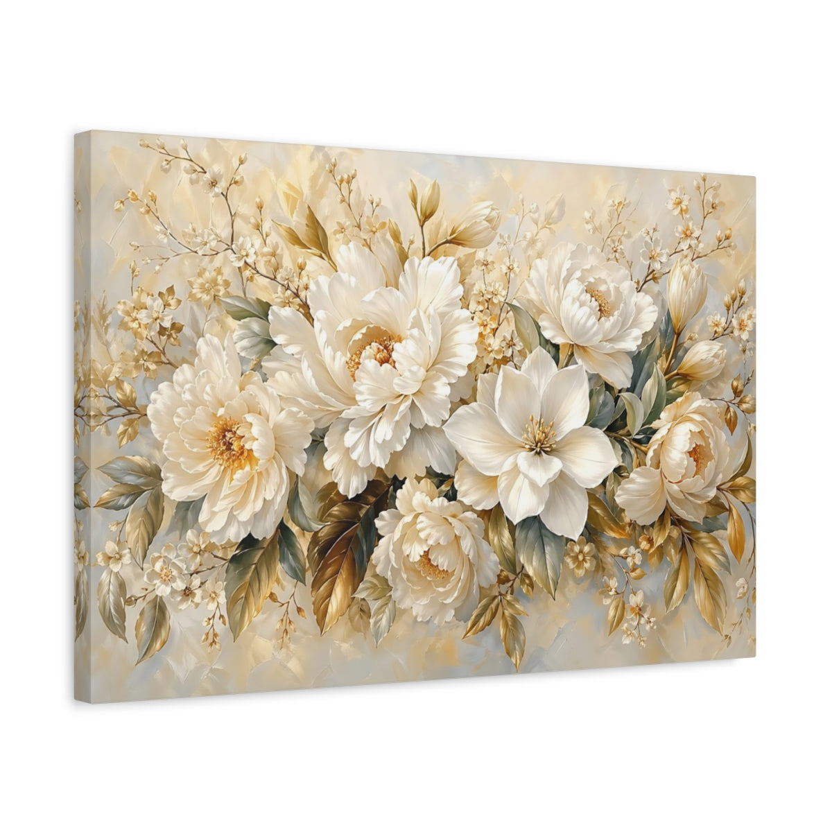 Side Mockup 3. Floral Cream Peonies Cream Floral shown as stretched canvas wall art