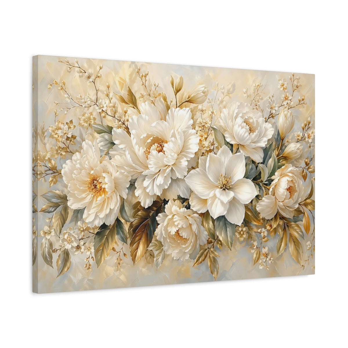 Side Mockup 2. Floral Cream Peonies Cream Floral shown as stretched canvas wall art