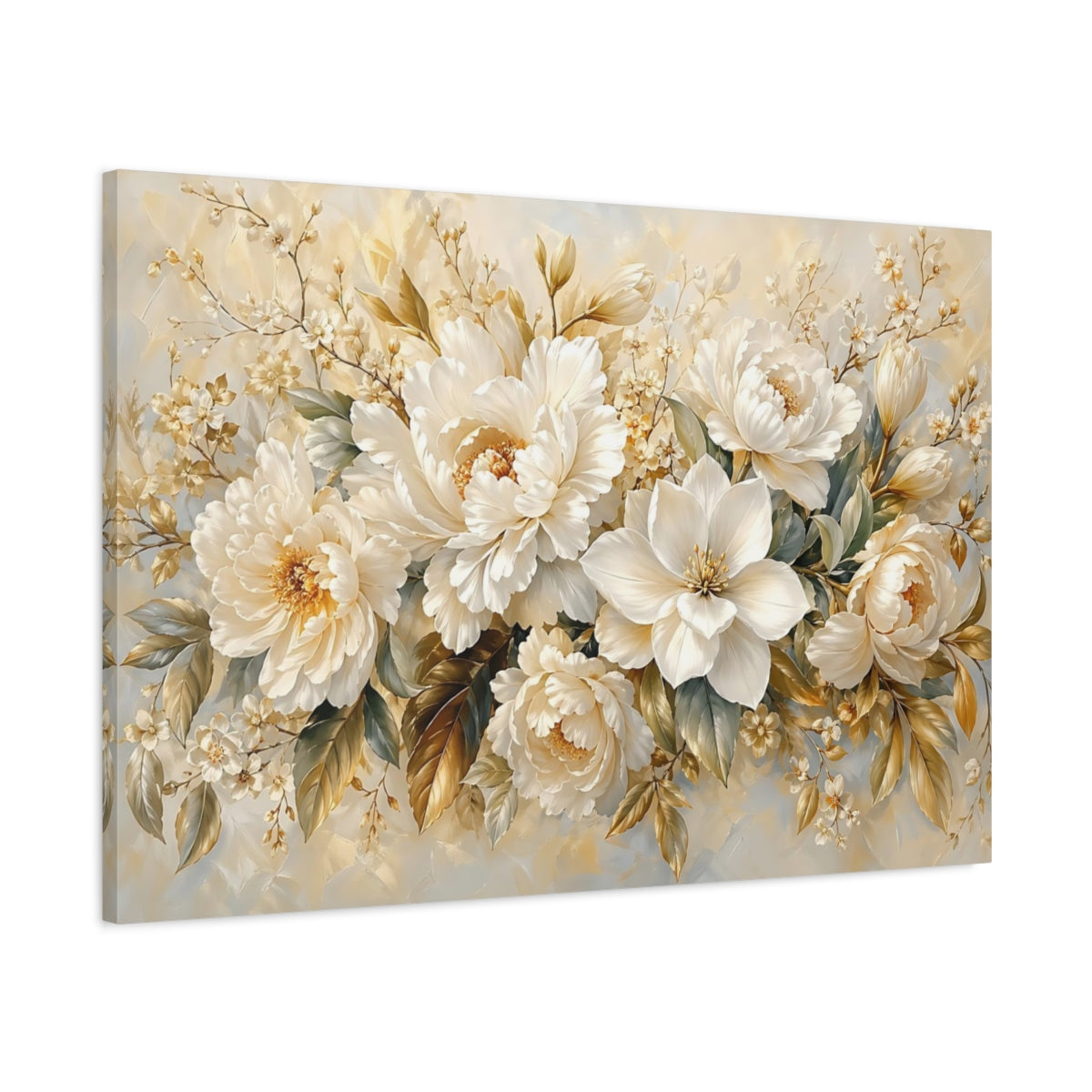 Main Mockup. Floral Cream Peonies Cream Floral shown as stretched canvas wall art