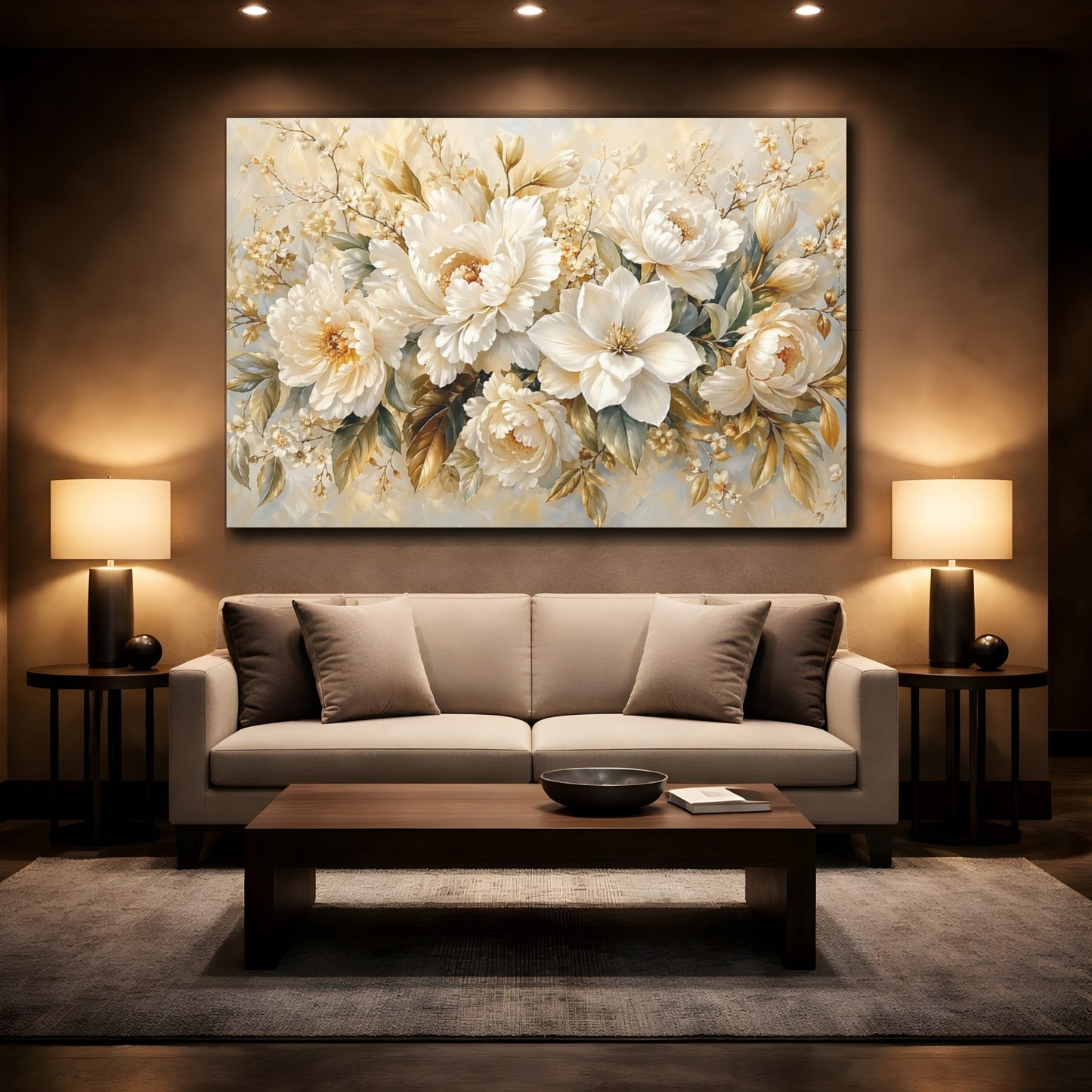 Mockup 2. Floral Cream Peonies Cream Floral shown as stretched canvas wall art