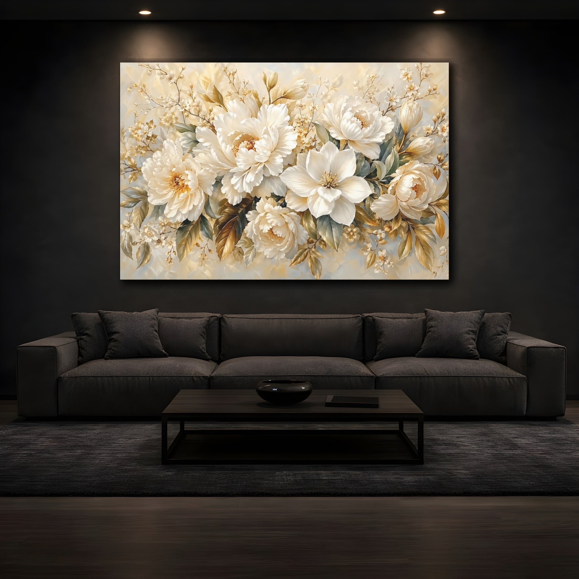Mockup 3. Floral Cream Peonies Cream Floral shown as stretched canvas wall art