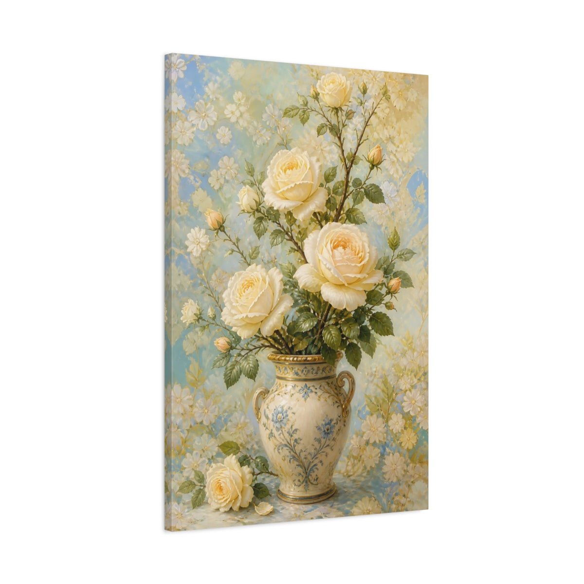 Floral Cream Roses Blue Canvas Print Wall Art – Living Room Decor, Above Console Table - YesArtYes