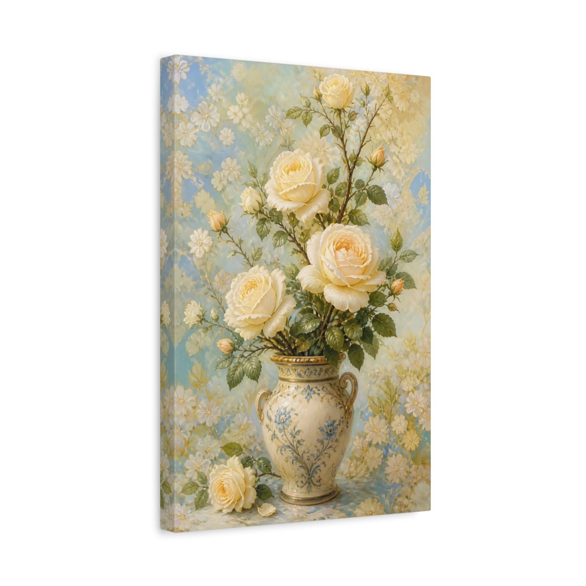 Floral Cream Roses Blue Canvas Print Wall Art – Living Room Decor, Above Console Table - YesArtYes