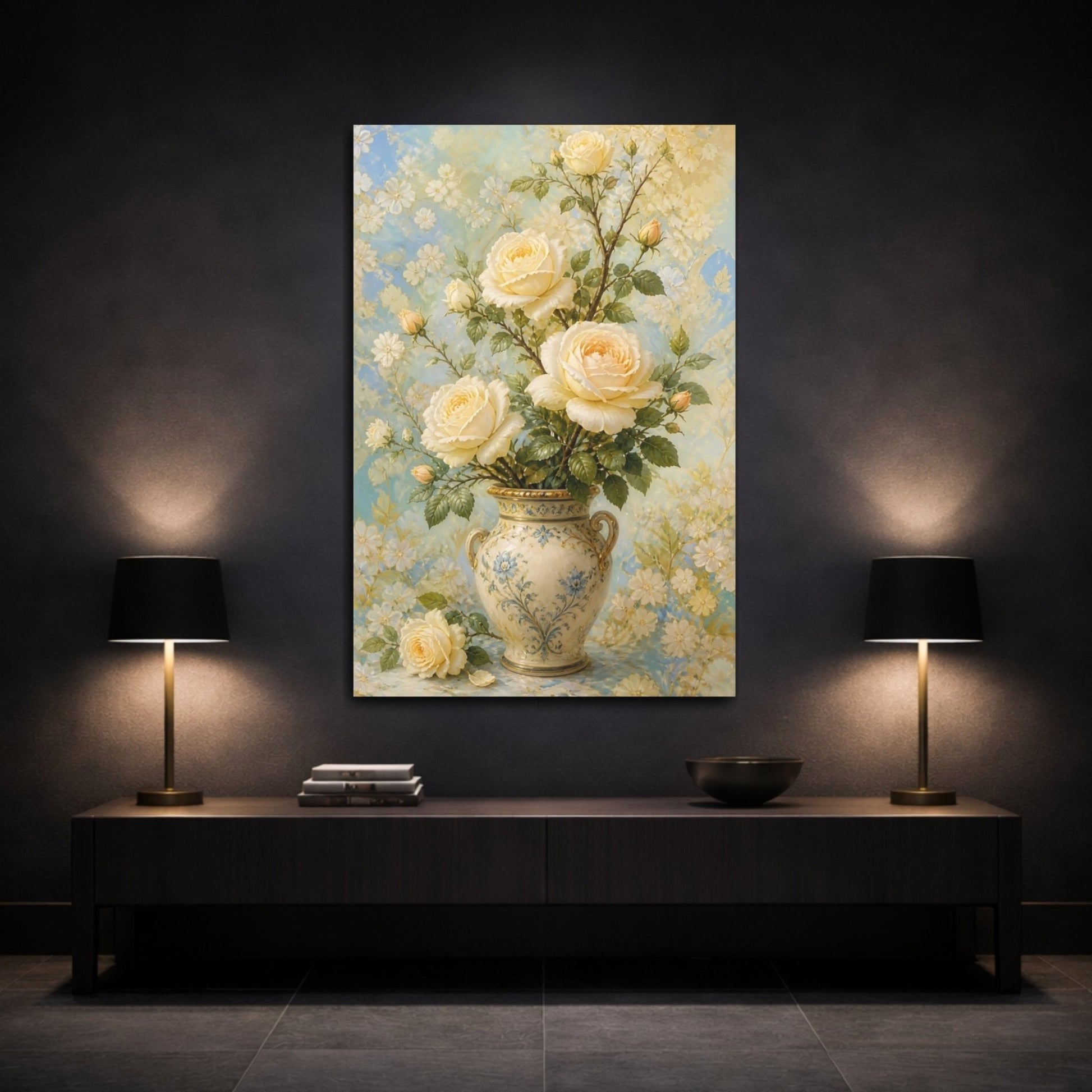 Floral Cream Roses Blue Canvas Print Wall Art – Living Room Decor, Above Console Table - YesArtYes