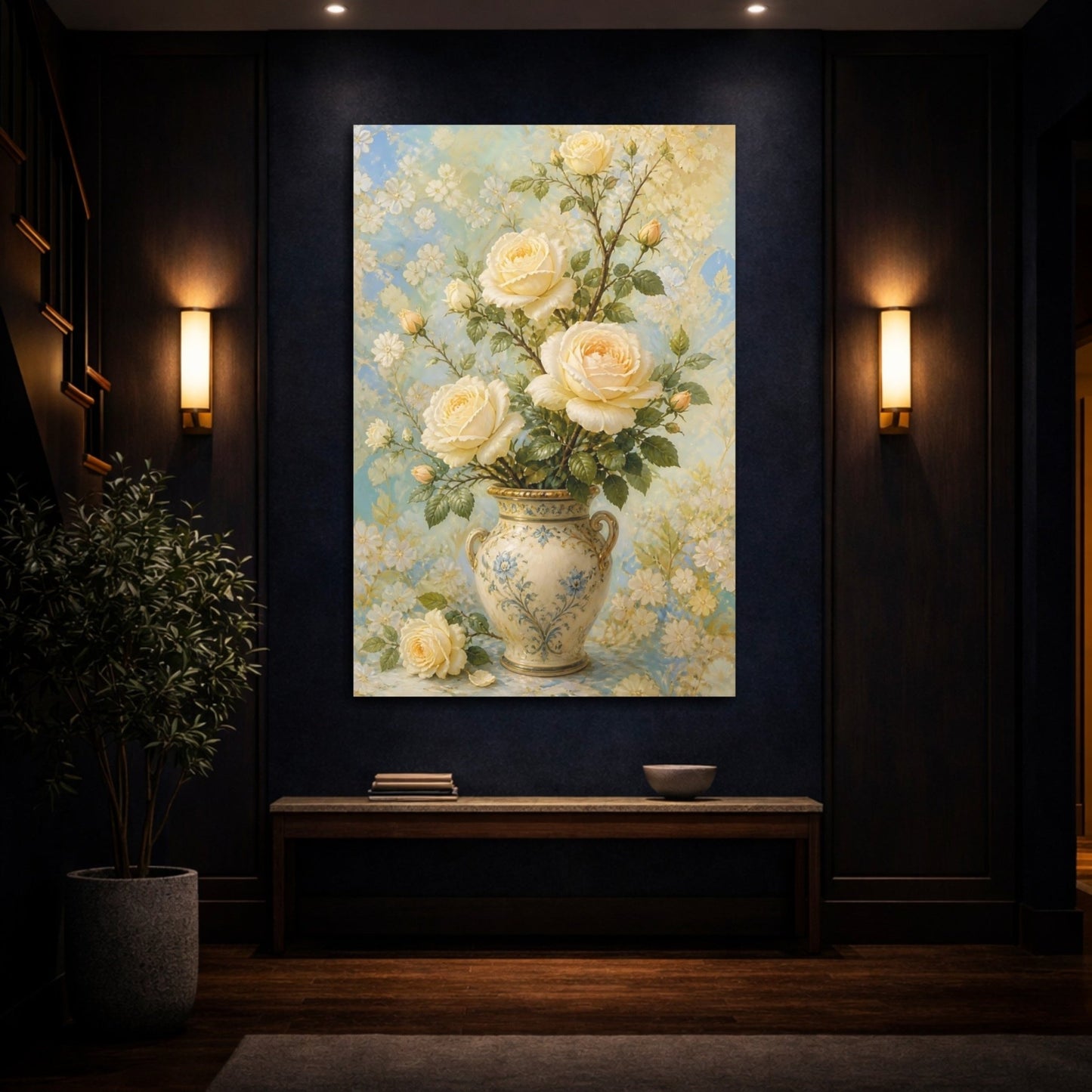 Floral Cream Roses Blue Canvas Print Wall Art – Living Room Decor, Above Console Table - YesArtYes
