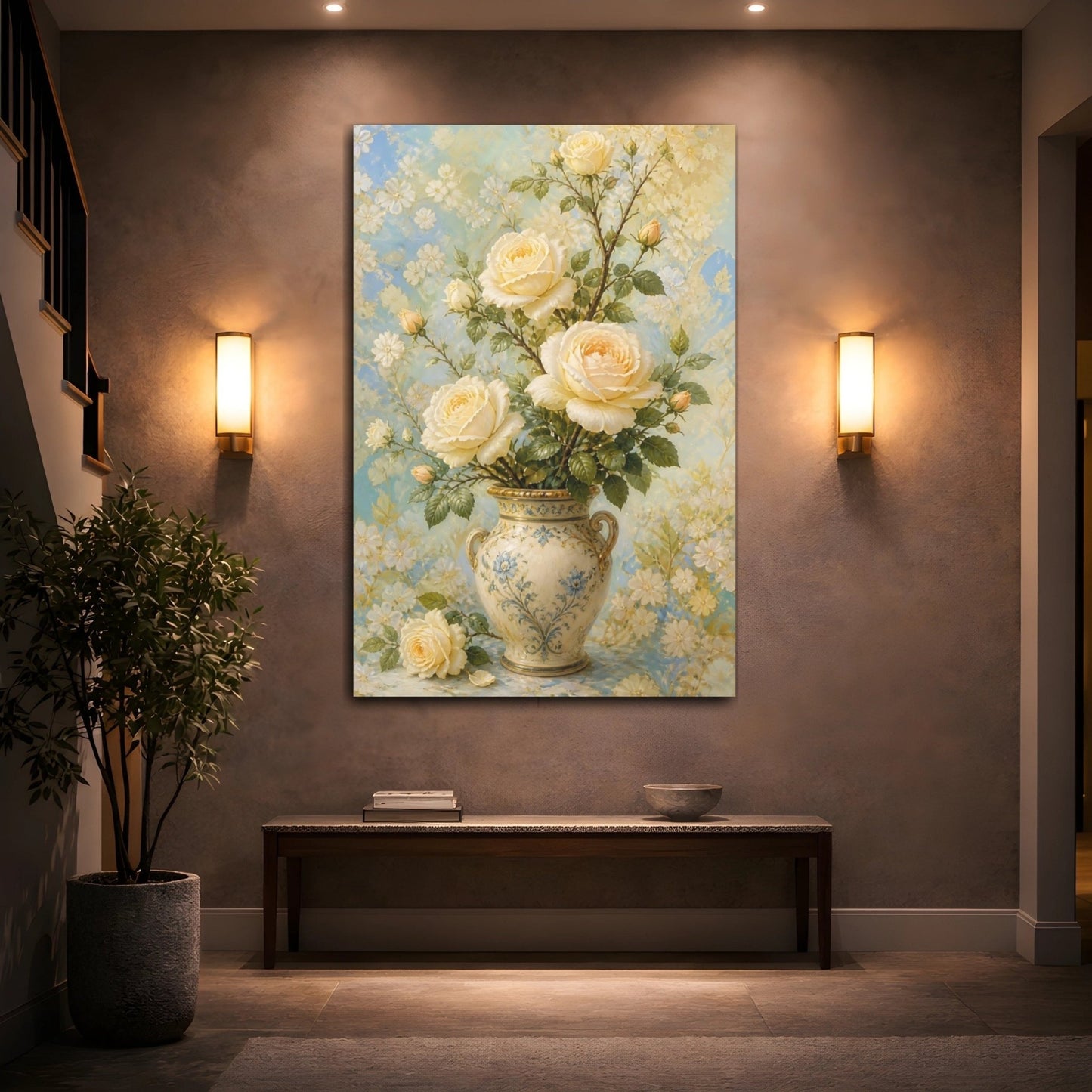 Floral Cream Roses Blue Canvas Print Wall Art – Living Room Decor, Above Console Table - YesArtYes