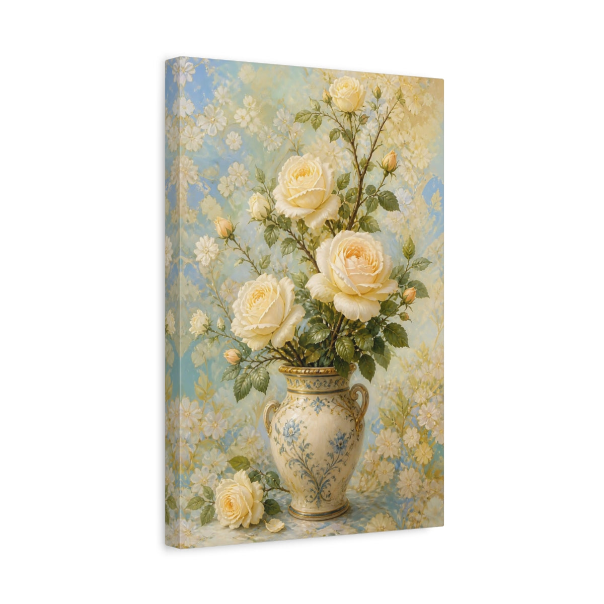 Side Mockup 4. Floral Cream Roses Cream Blue Floral shown as canvas print