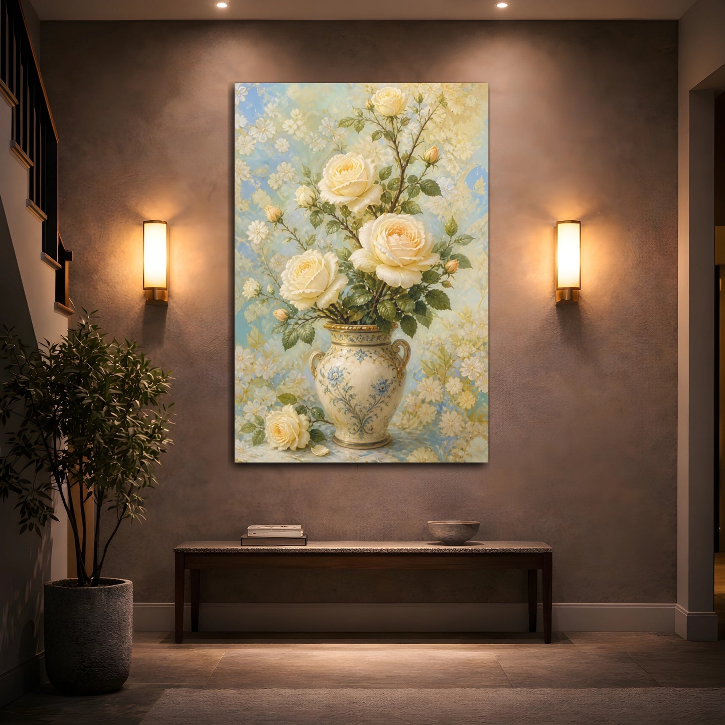 Mockup 2. Floral Cream Roses Cream Blue Floral shown as canvas print