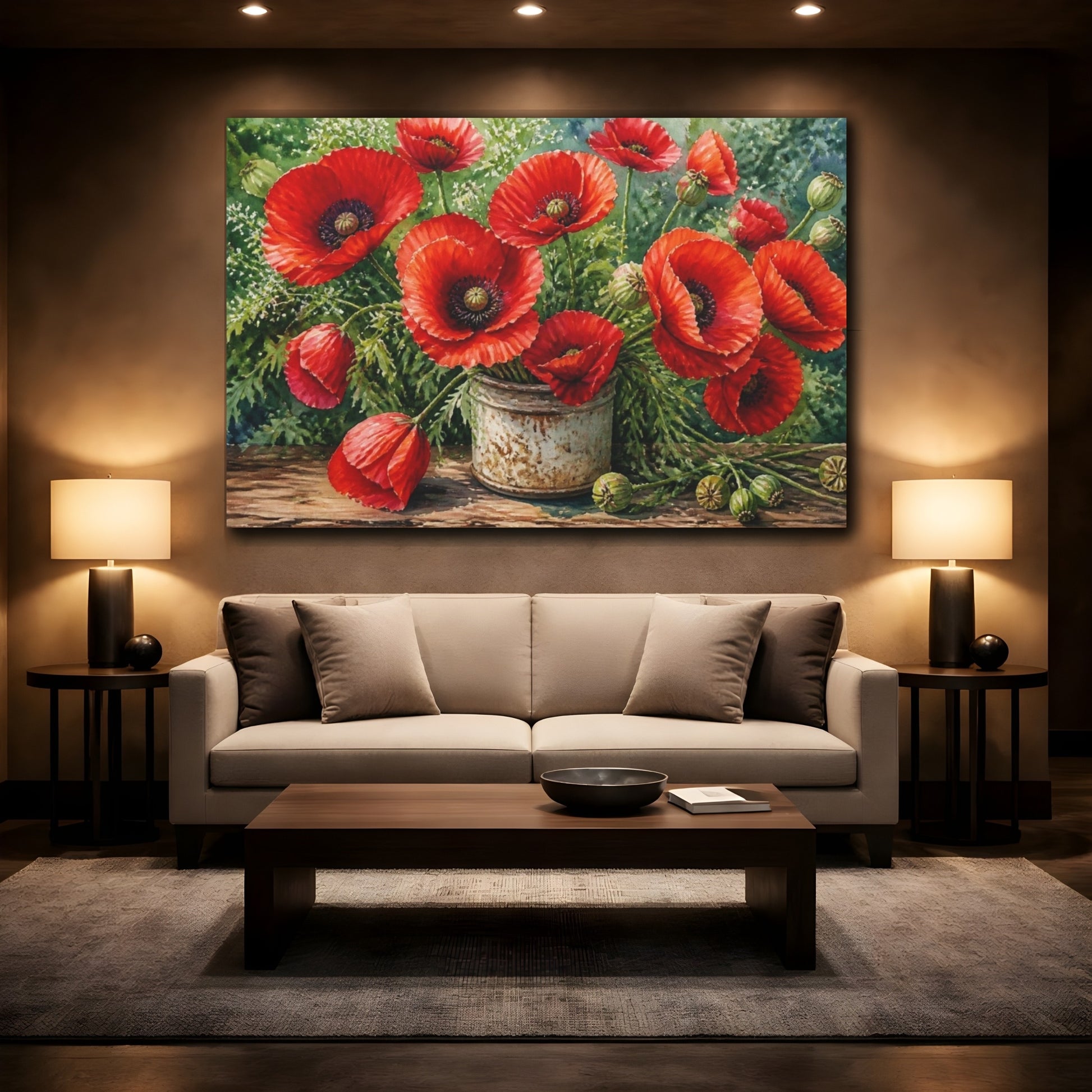 Mockup 2. Floral Crimson Poppies shown as canvas print