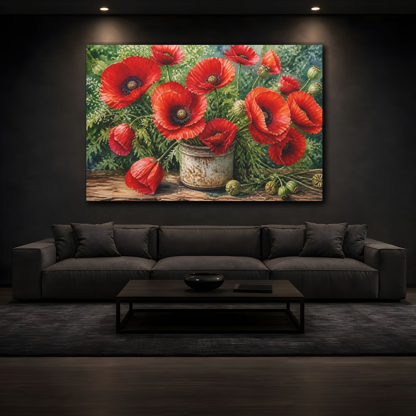 Mockup 3. Floral Crimson Poppies shown as canvas print