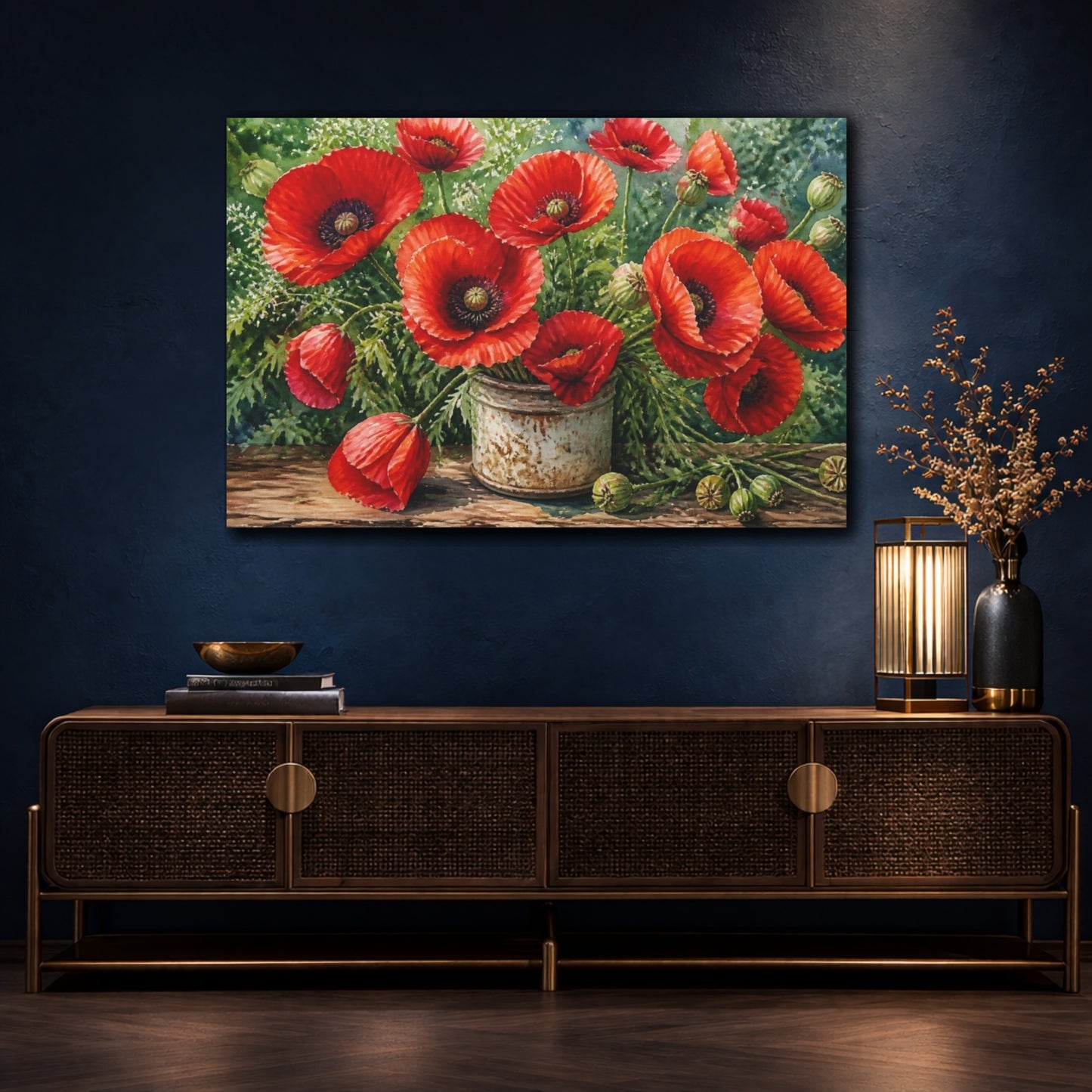 Mockup 4. Floral Crimson Poppies shown as canvas print
