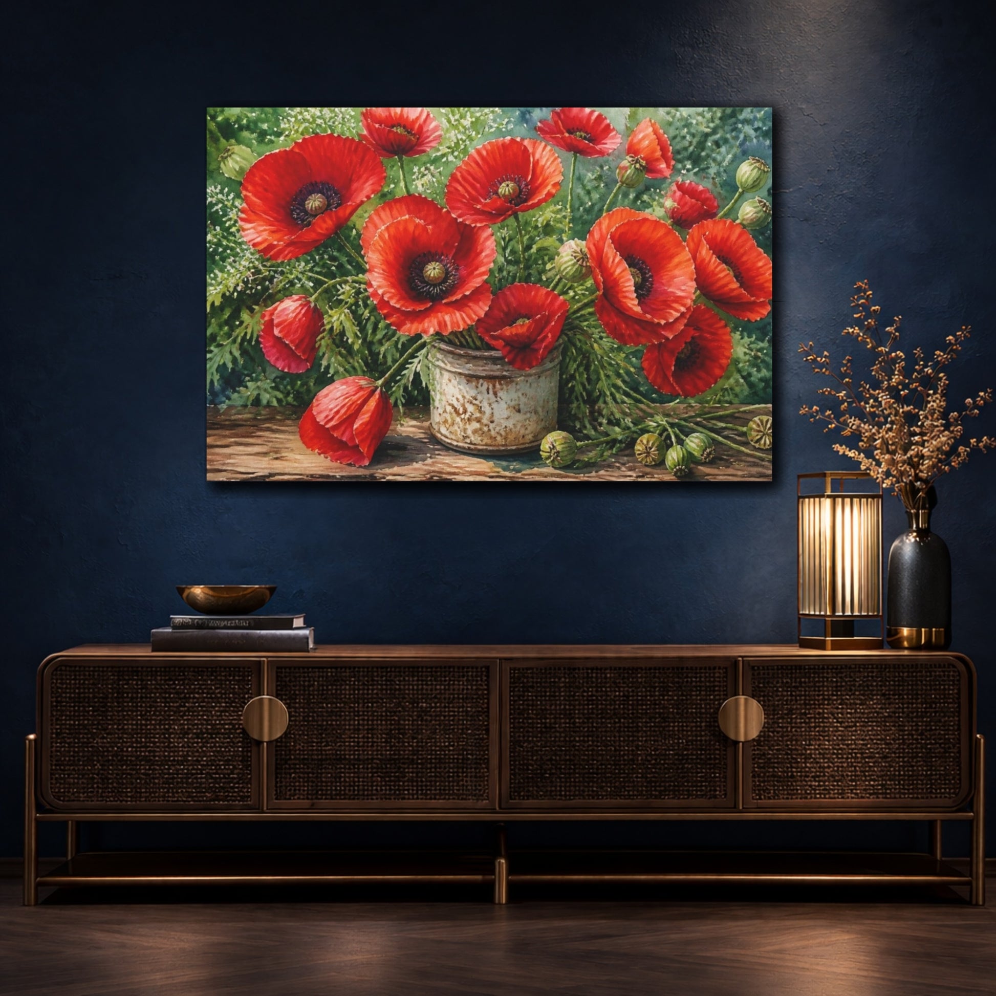 Mockup 4. Floral Crimson Poppies shown as canvas print