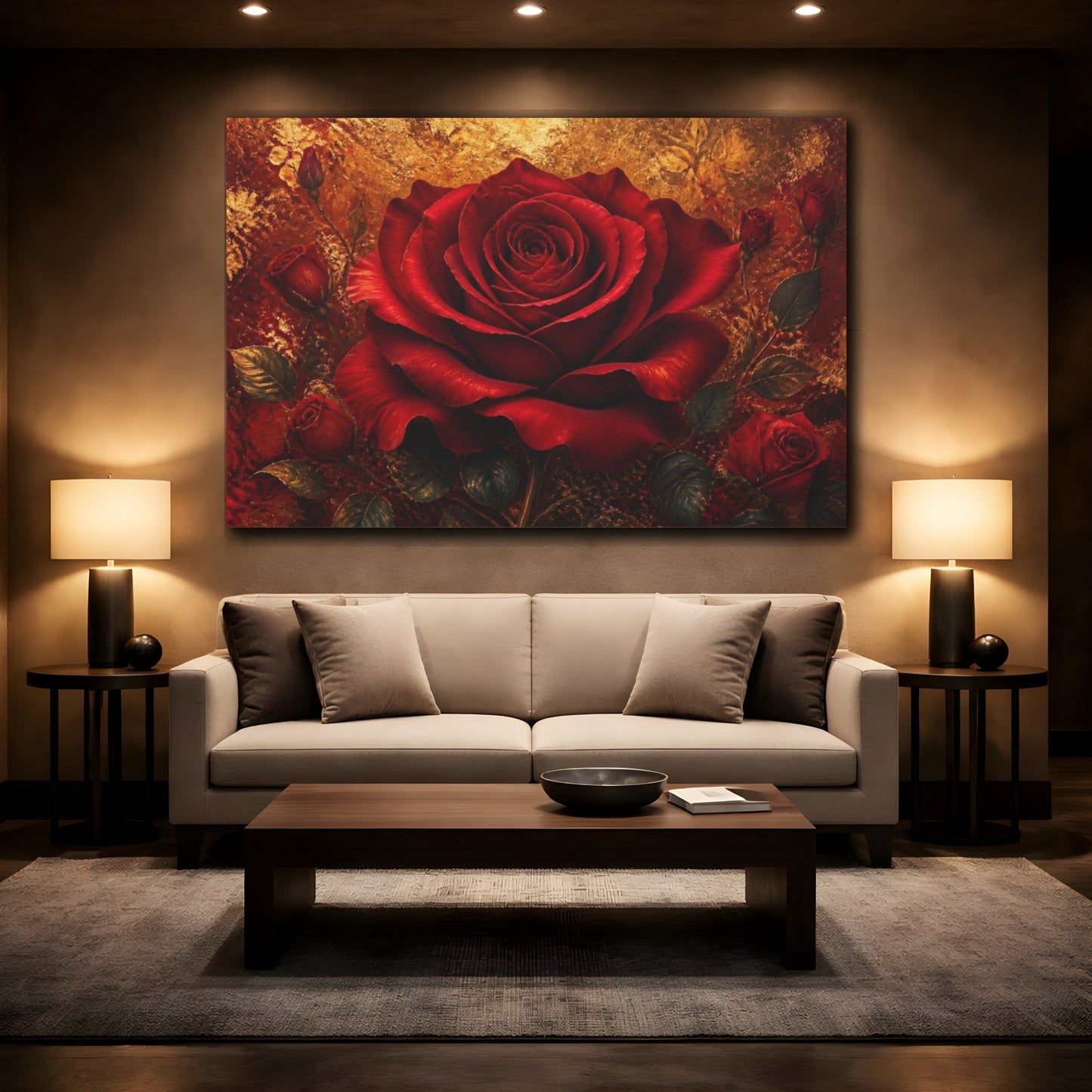 Mockup 2. Floral Crimson Rose shown as canvas print