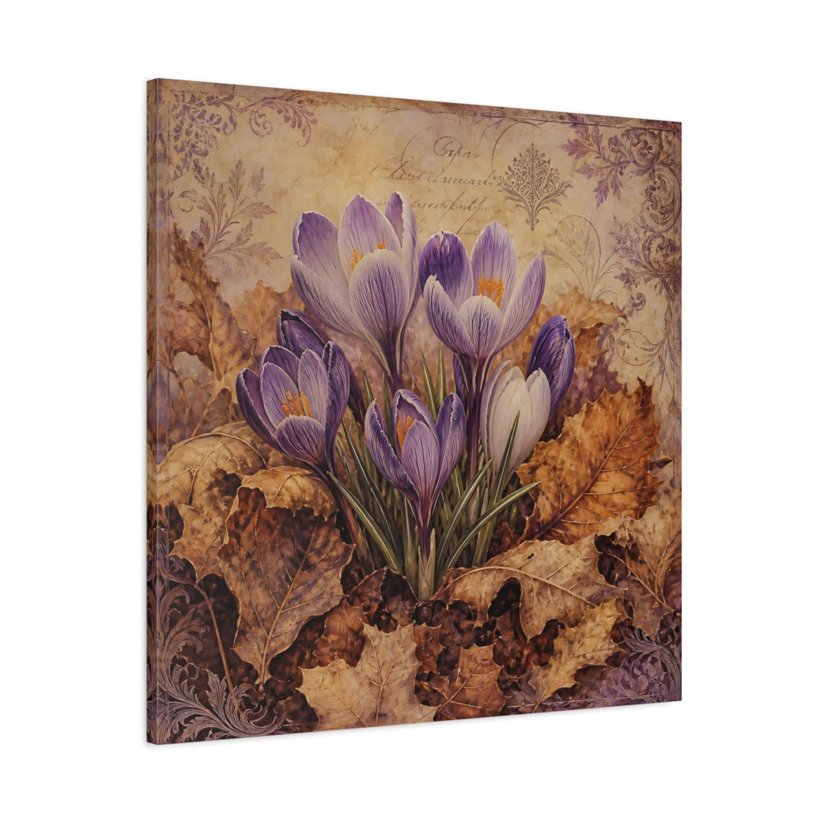 Main Mockup. Floral Crocus Flowers Purple And Brown shown as stretched canvas wall art