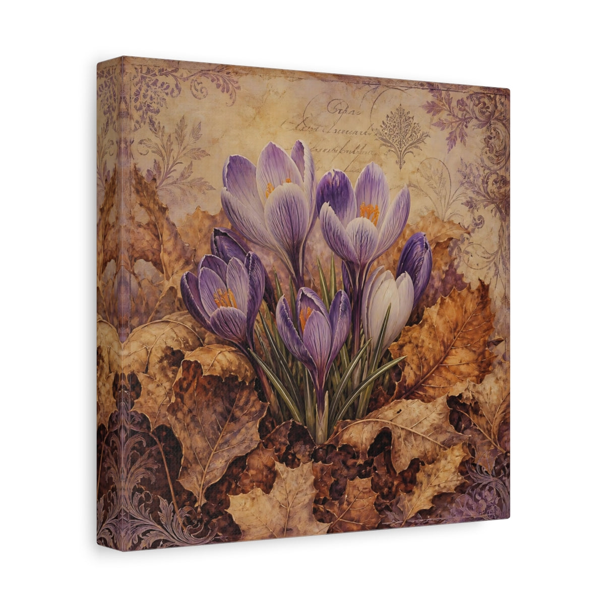 Side Mockup 9. Floral Crocus Flowers Purple And Brown shown as stretched canvas wall art