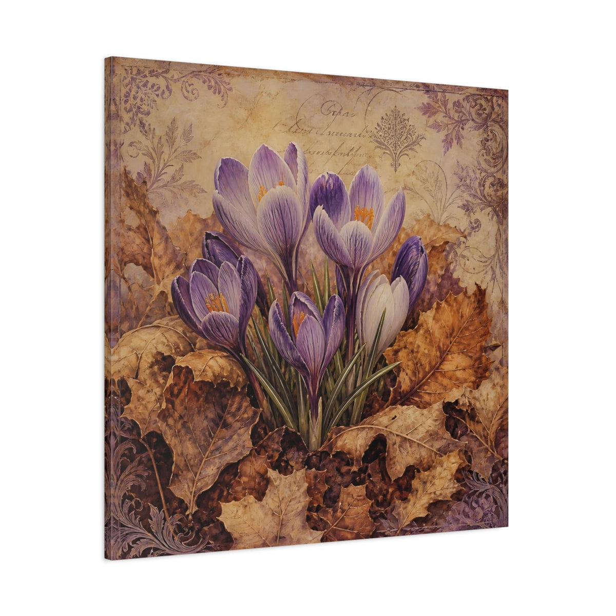 Side Mockup 1. Floral Crocus Flowers Purple And Brown shown as stretched canvas wall art