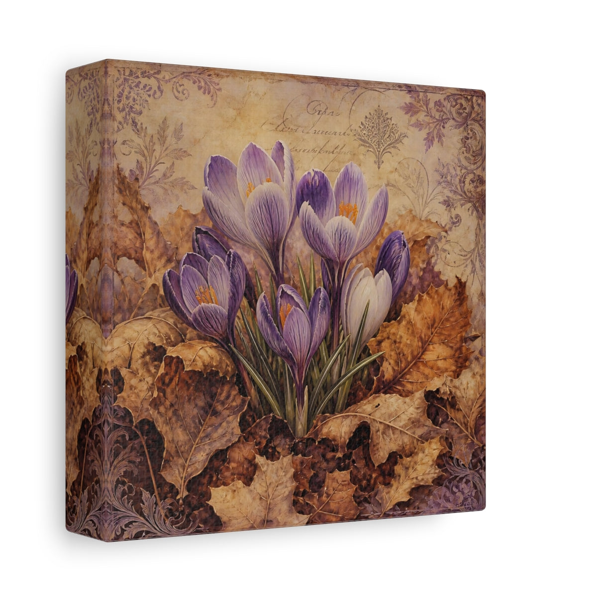 Side Mockup 2. Floral Crocus Flowers Purple And Brown shown as stretched canvas wall art
