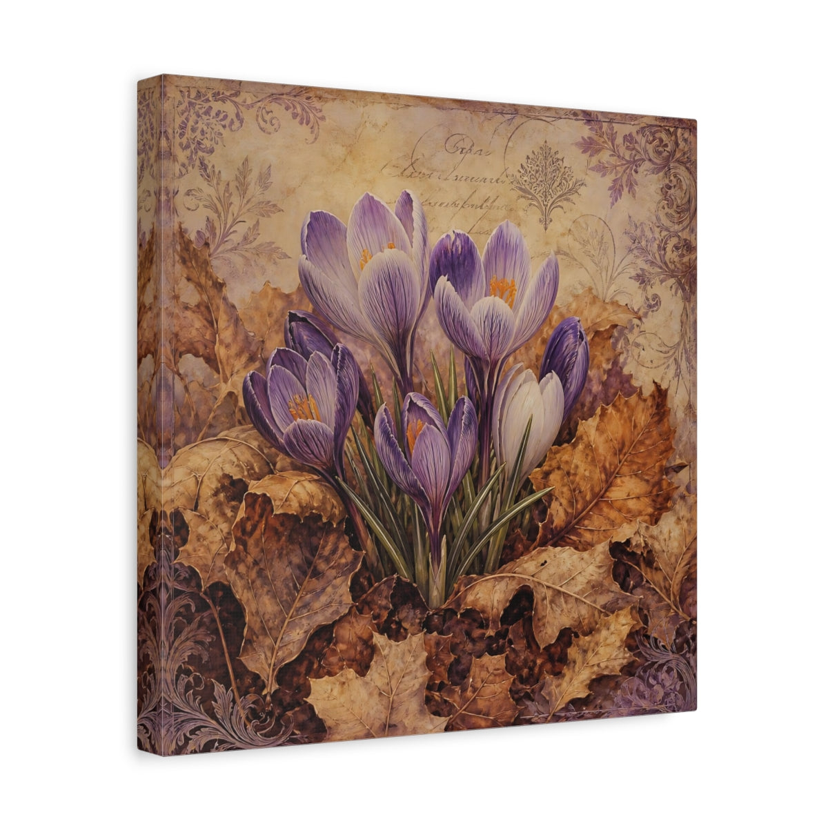 Side Mockup 7. Floral Crocus Flowers Purple And Brown shown as stretched canvas wall art