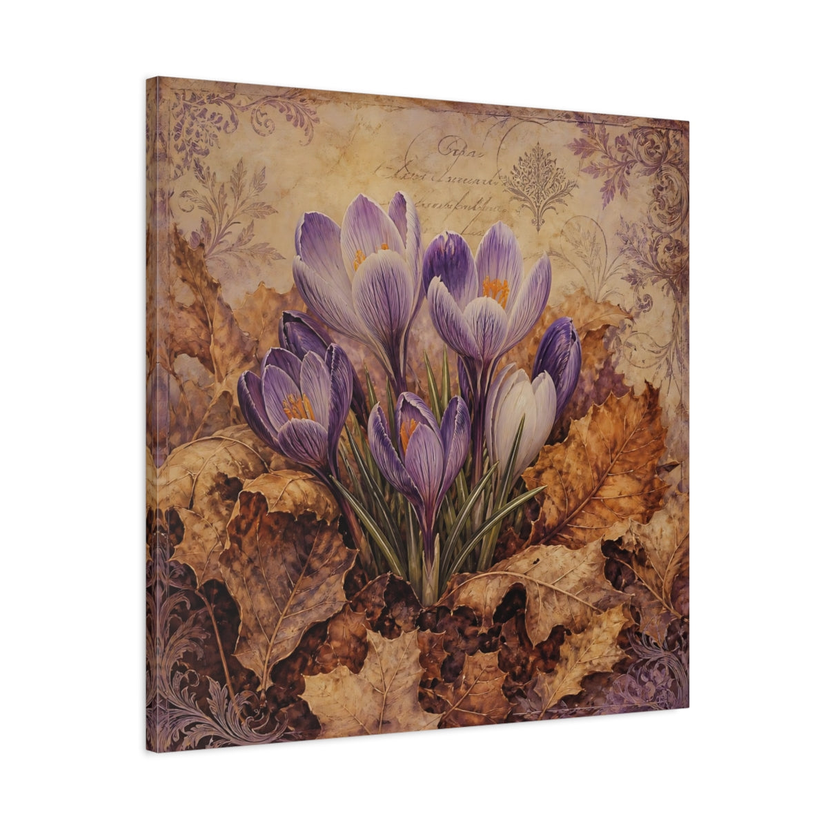 Side Mockup 3. Floral Crocus Flowers Purple And Brown shown as stretched canvas wall art